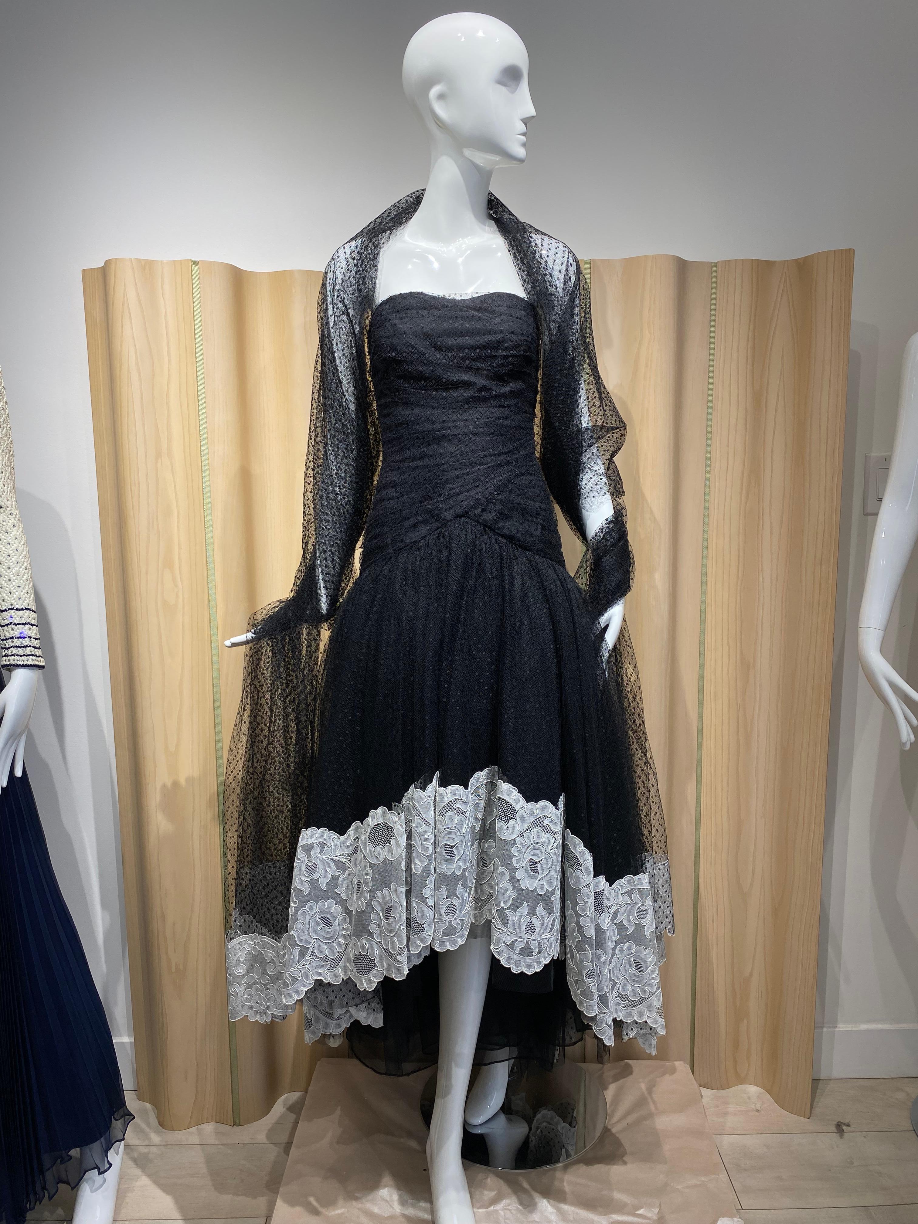 1980s Bellville Sassoon Black Strapless Tulle Gown with Large Shawl For Sale 4