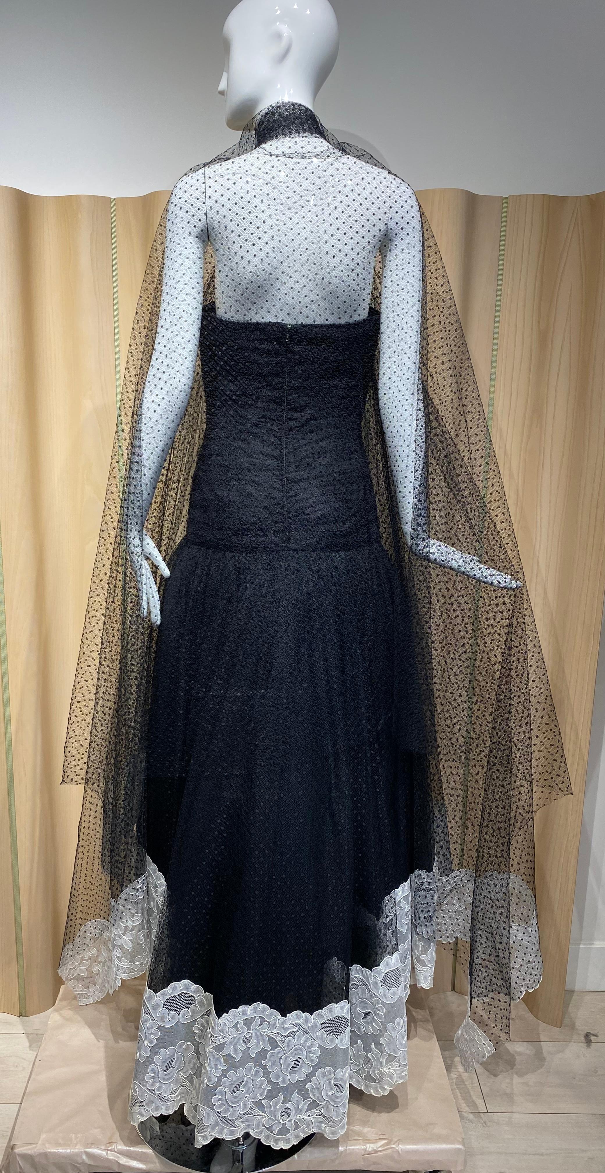1980s Bellville Sassoon Black Strapless Tulle Gown with Large Shawl For Sale 5