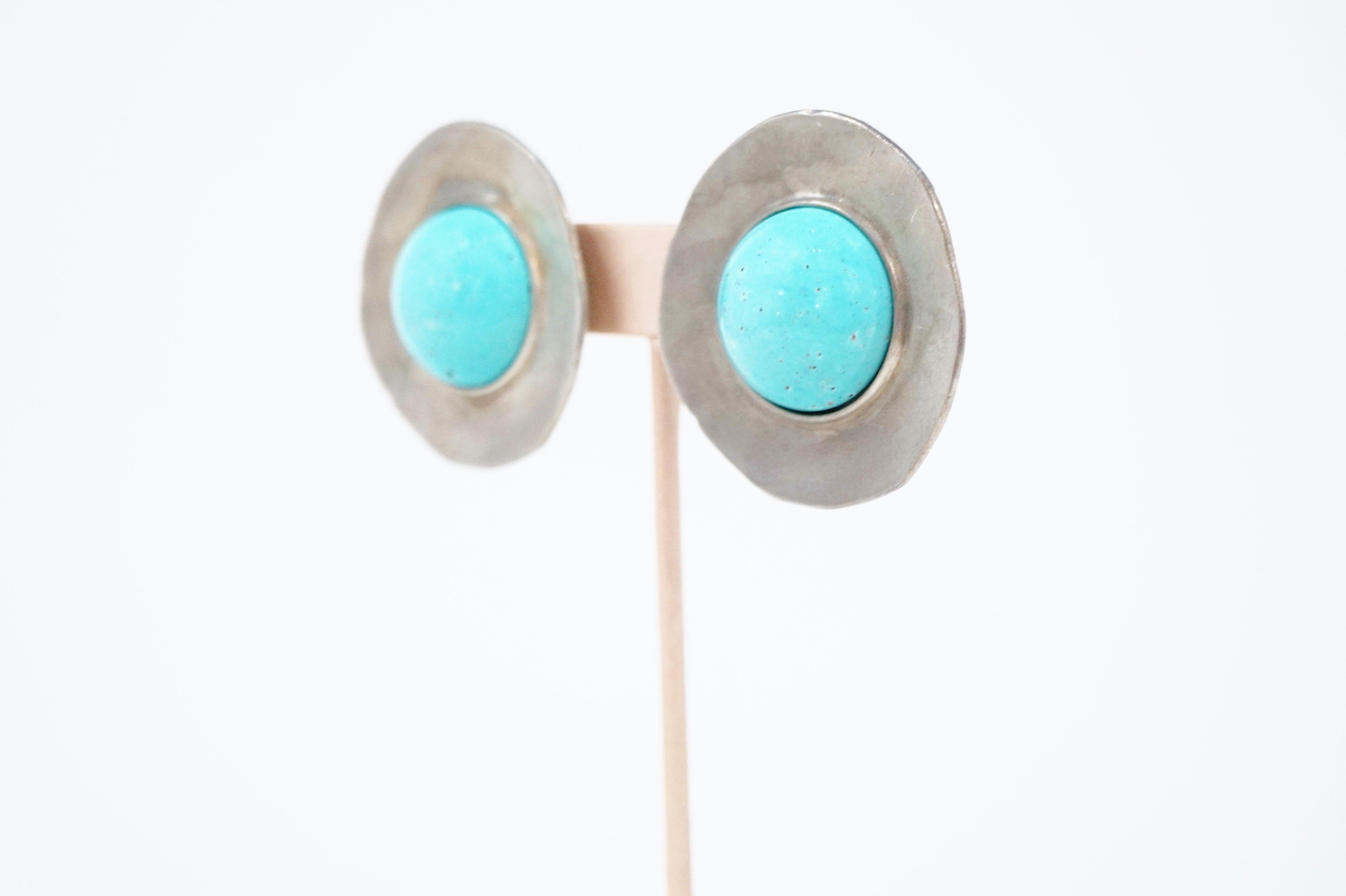 Modern 1980s Ben Amun Silver Disc & Faux Turquoise Oversized Statement Earrings, Signed For Sale