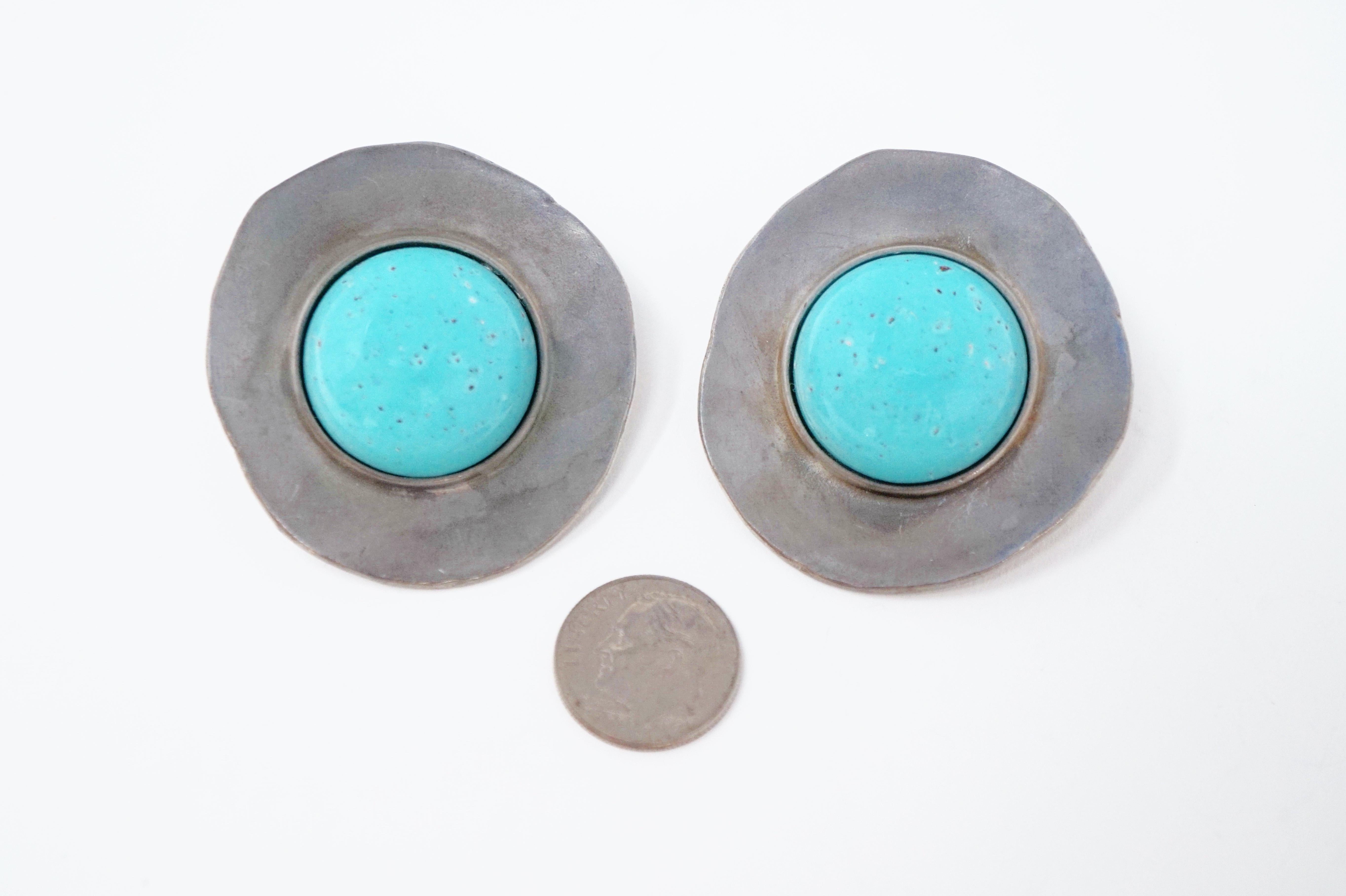 1980s Ben Amun Silver Disc & Faux Turquoise Oversized Statement Earrings, Signed In Good Condition For Sale In McKinney, TX