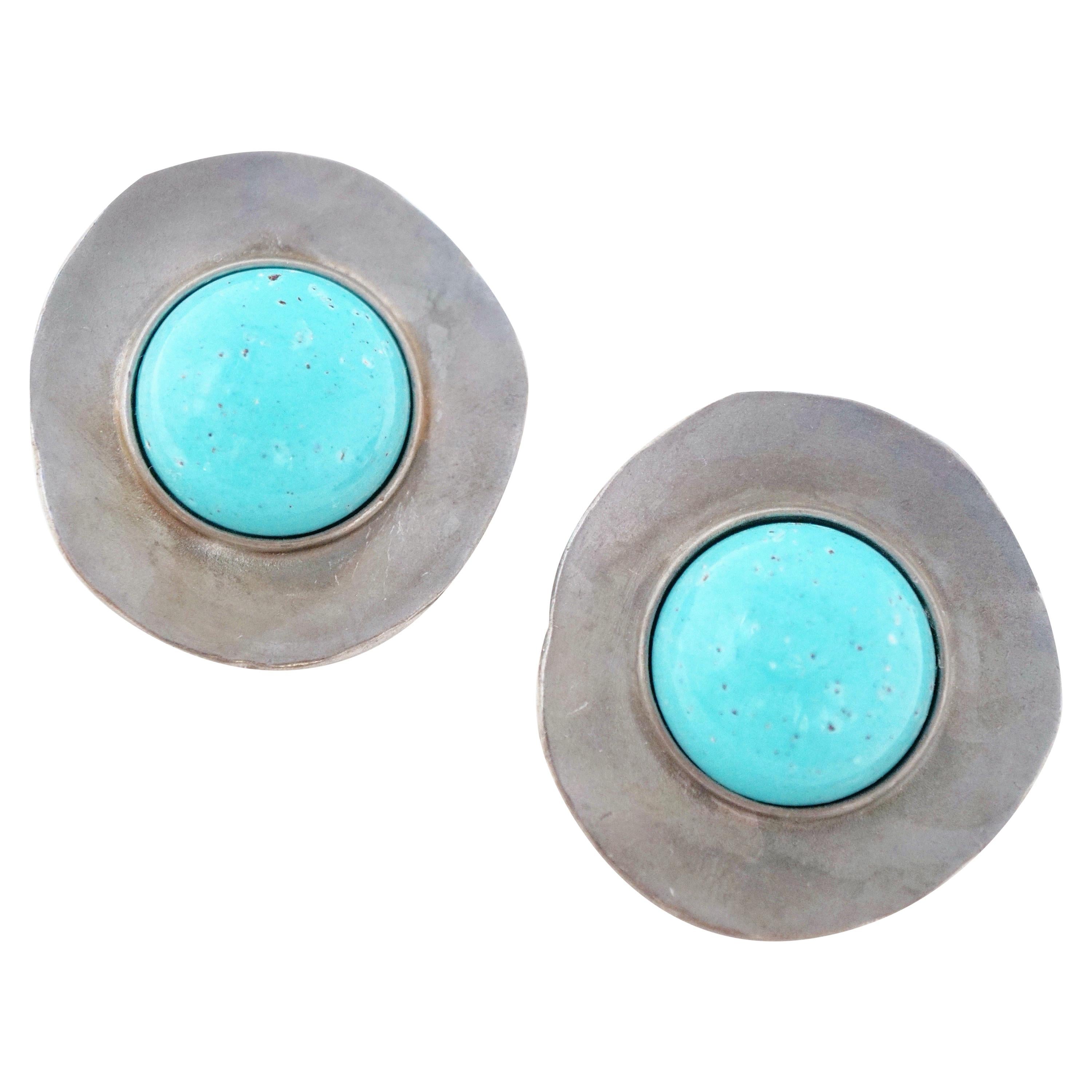 1980s Ben Amun Silver Disc & Faux Turquoise Oversized Statement Earrings, Signed For Sale