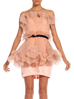 1980S BERGDORF COUTURE Blush Pink & Black Silk Pleated Strapless Cocktail Dress