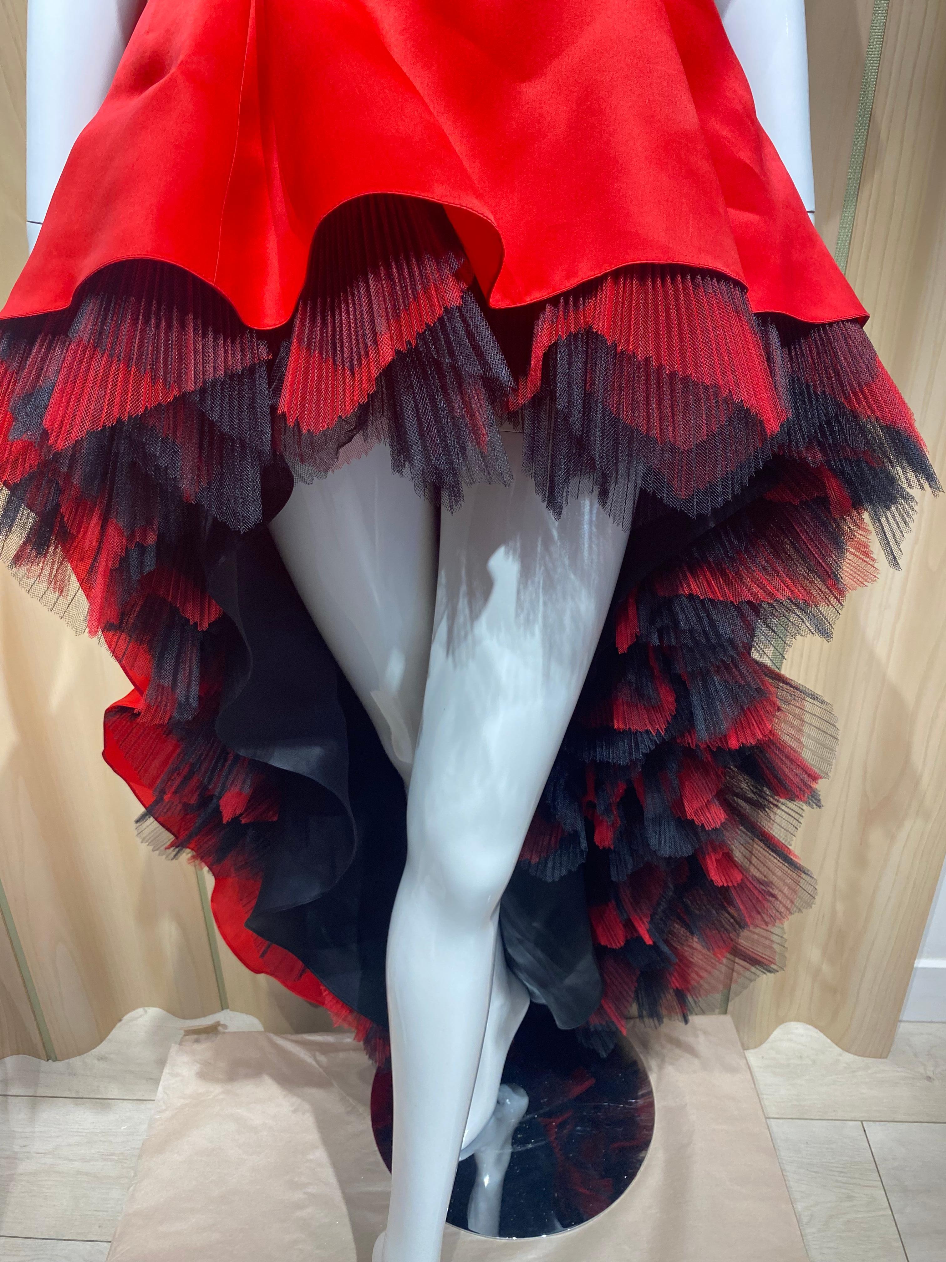 1980s Bernard Perris Red Satin Corset Tulle Mini Dress For Sale 1