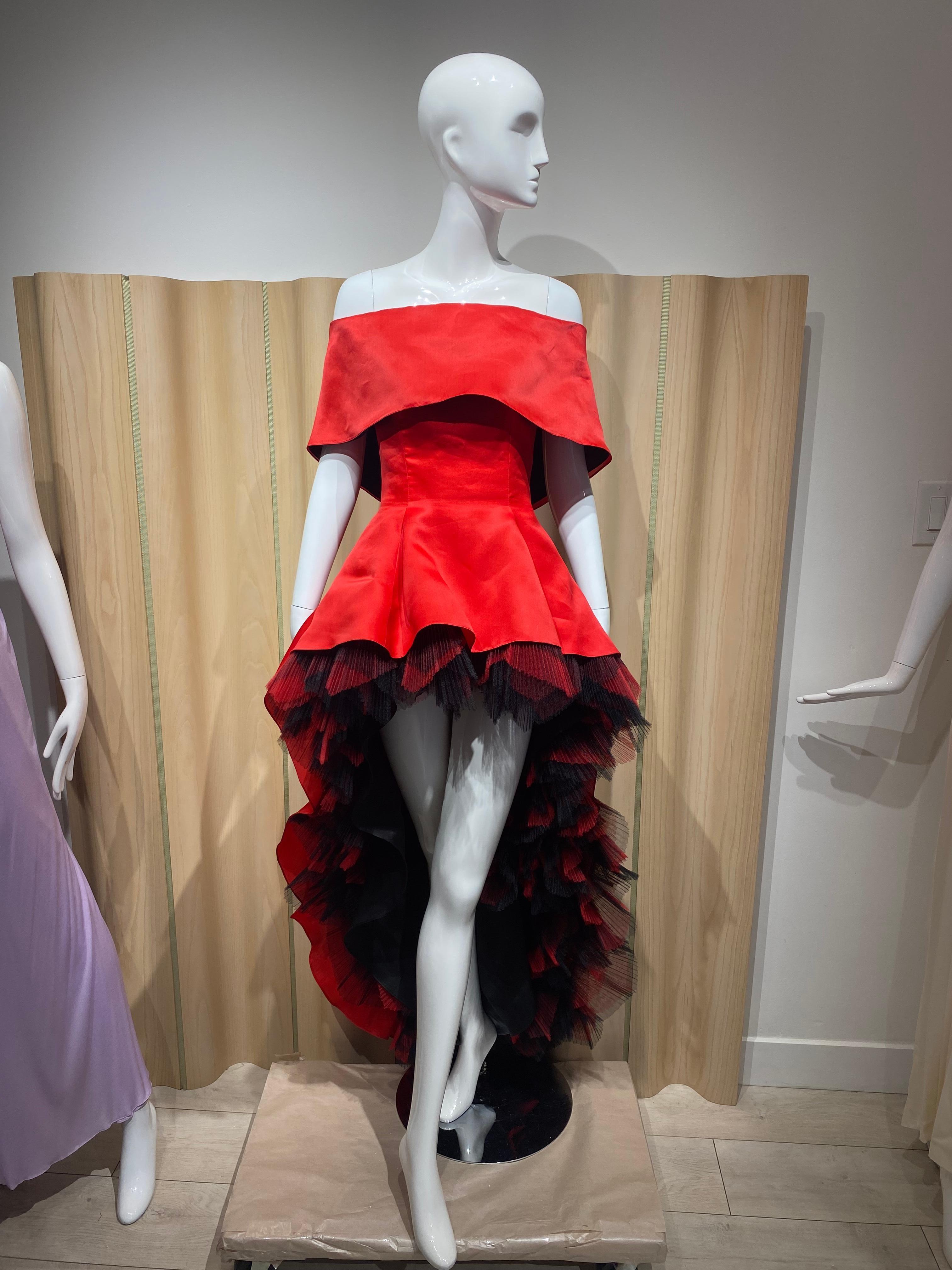 1980s Bernard Perris Red Satin Corset Tulle Mini Dress For Sale 3