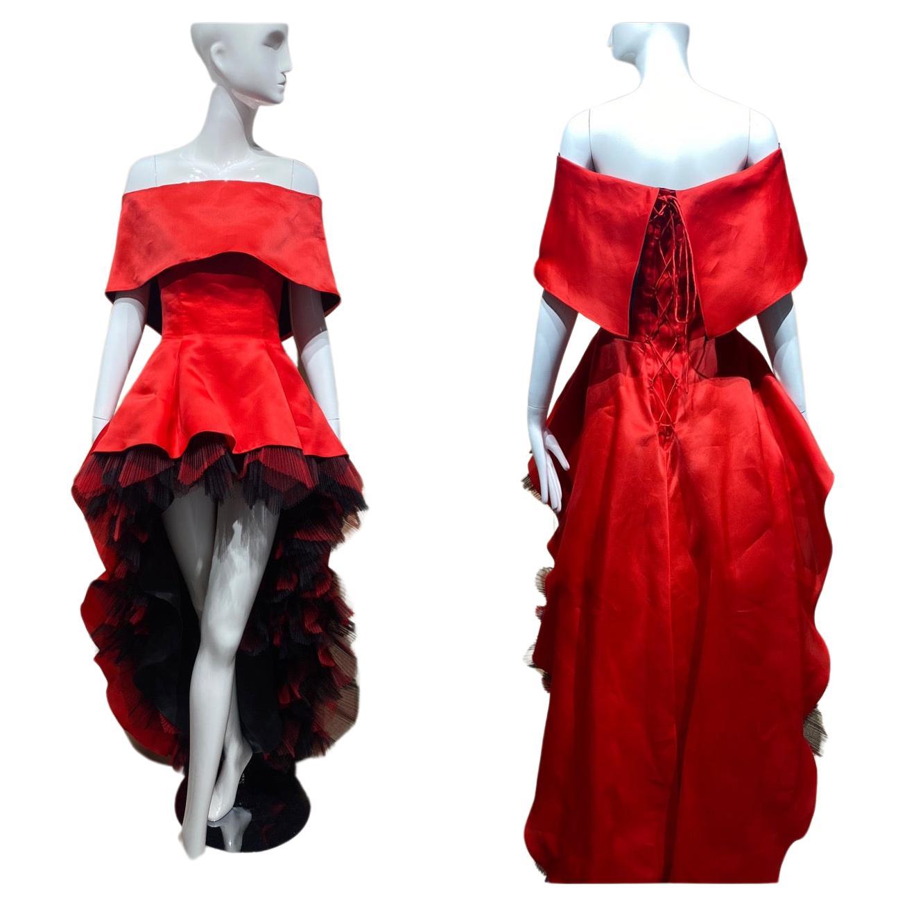 1980s Bernard Perris Red Satin Corset Tulle Mini Dress For Sale