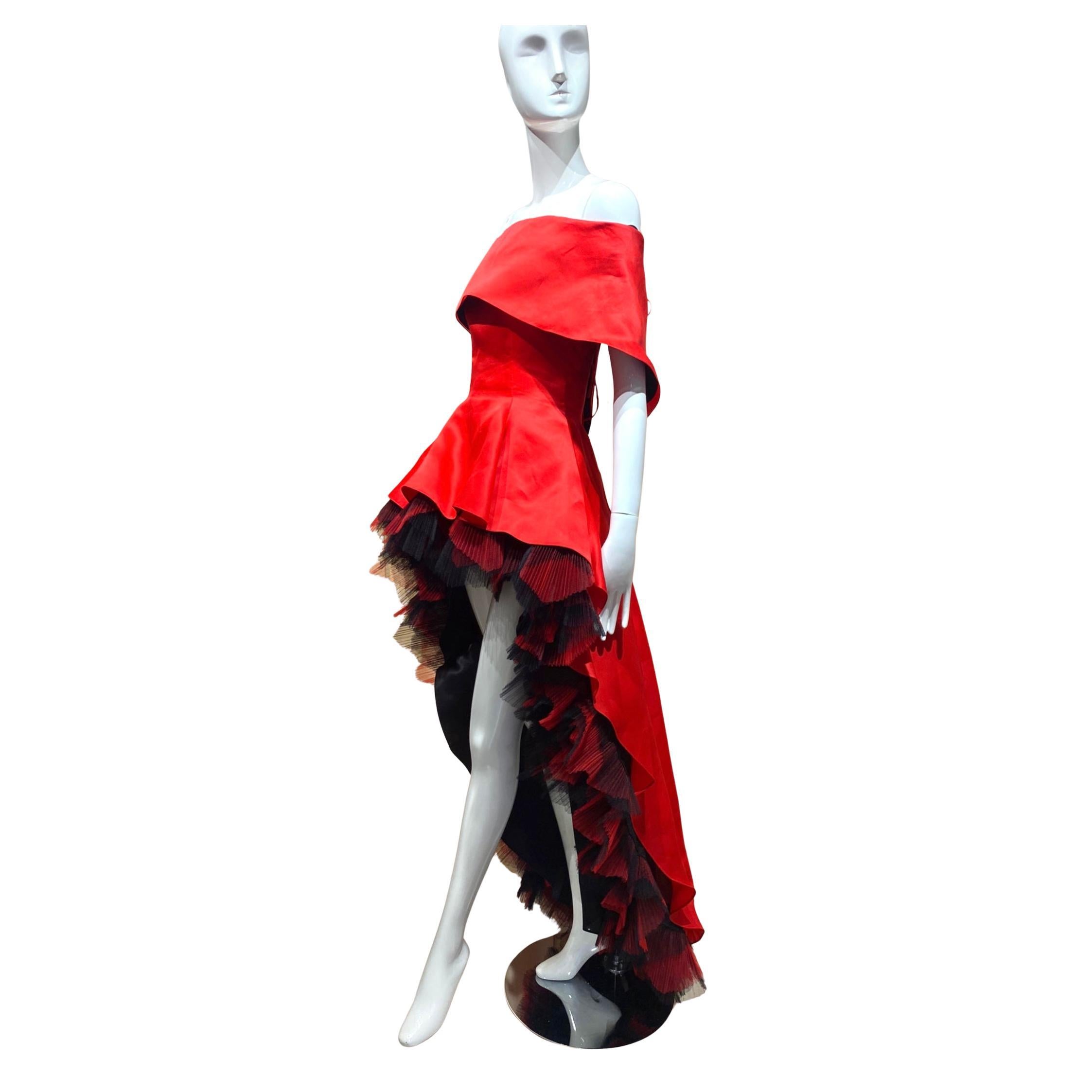 1980s Bernard Perris Red Satin Corset Tulle Mini Dress