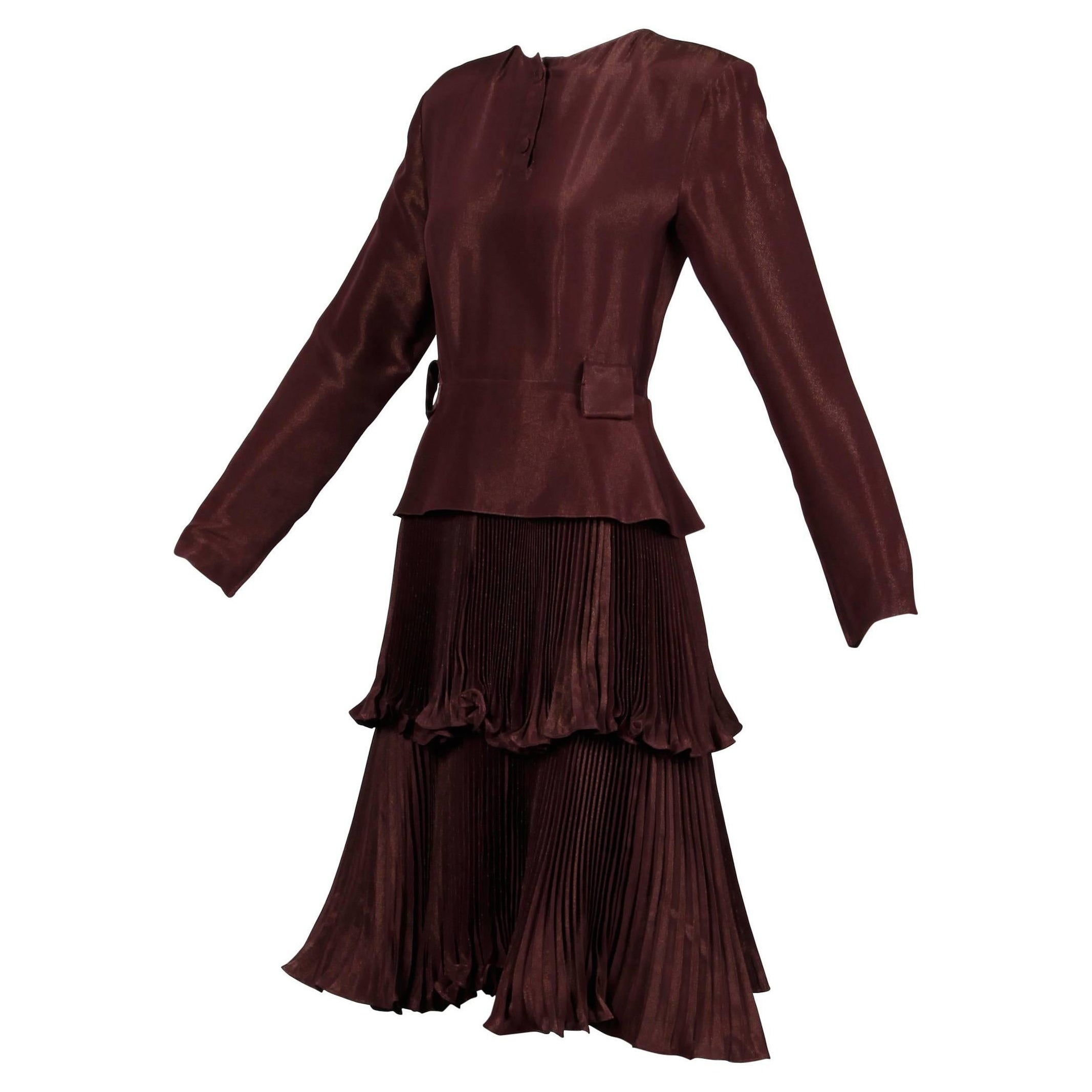 1980 Bernard Perris Vintage Brown Copper Metallic Robe plissée en vente