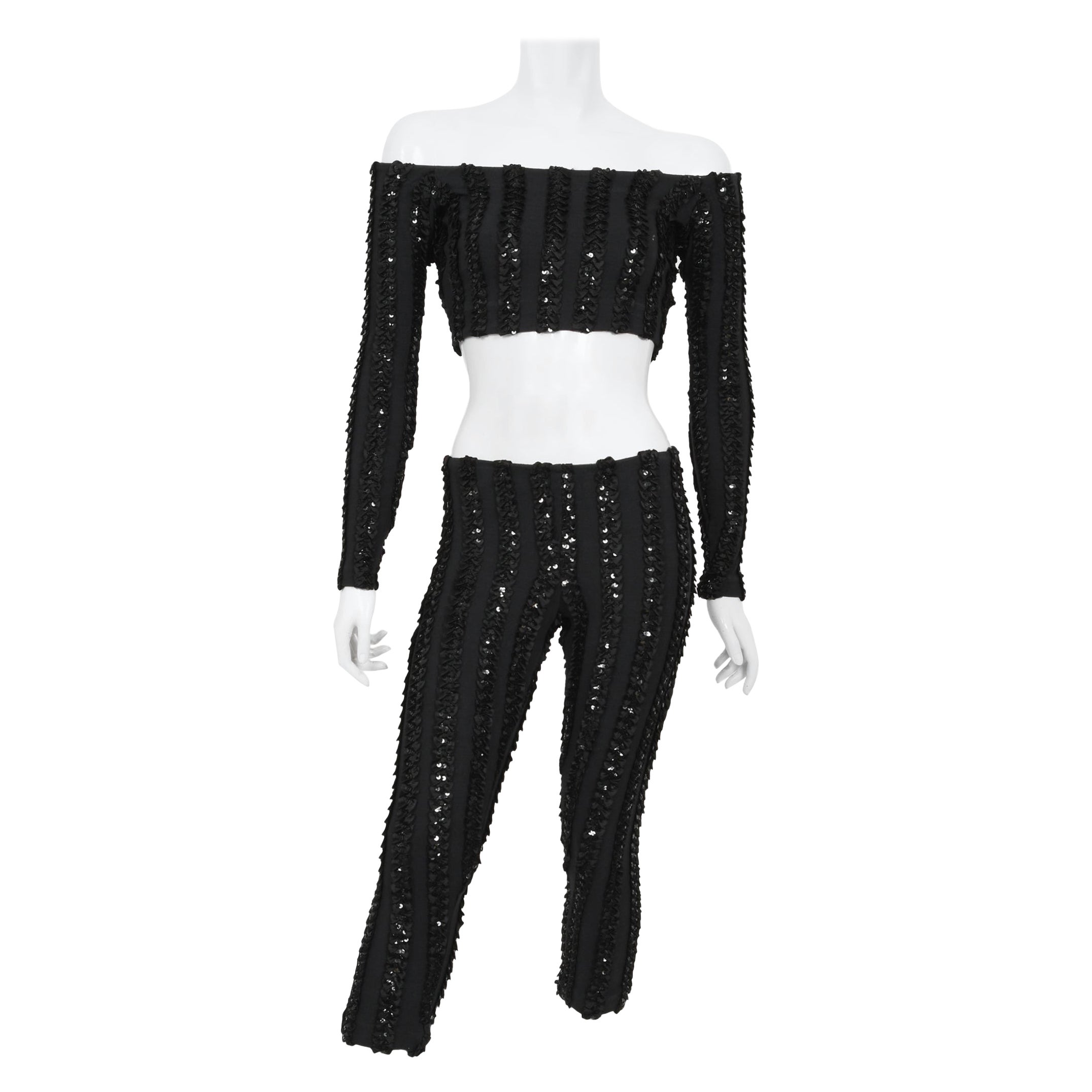 1980
s Betsey Johnson Punk Label Black Sequin Stretch Knit Crop Top 
Leggings