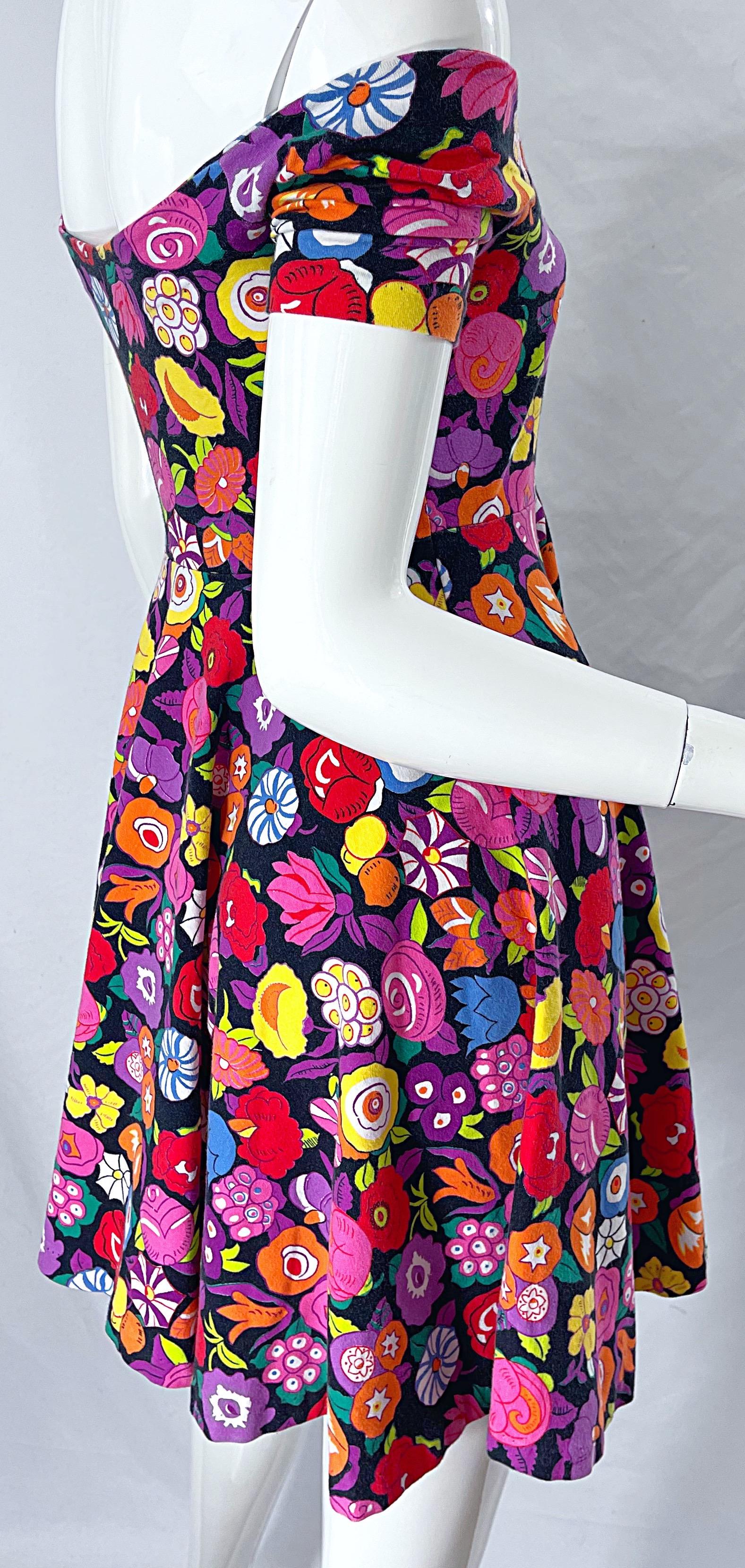 1980 Betsey Johnson Punk Label Off Shoulder Bright Flower 80s Mini Dress Rare en vente 10