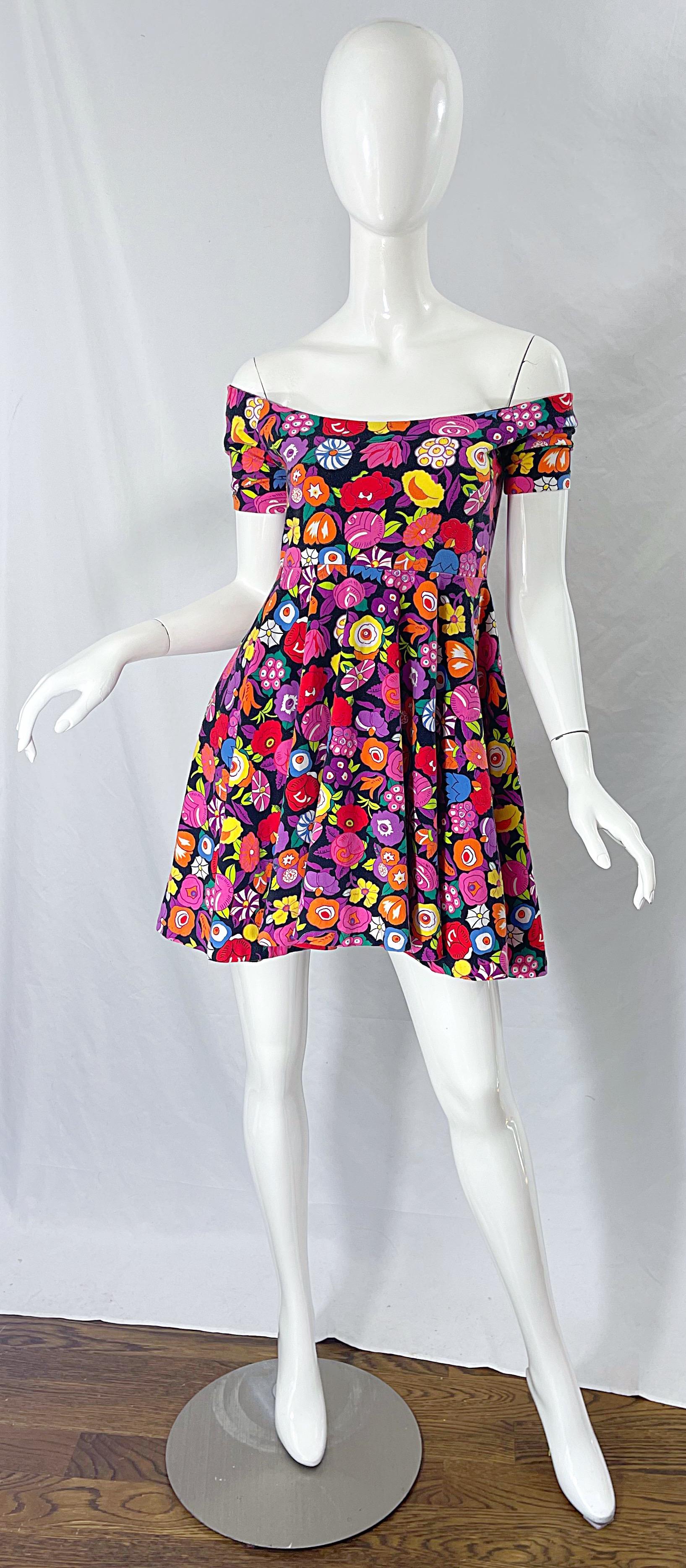 1980s Betsey Johnson Punk Label Off Shoulder Bright Flower 80s Mini Dress Rare For Sale 11