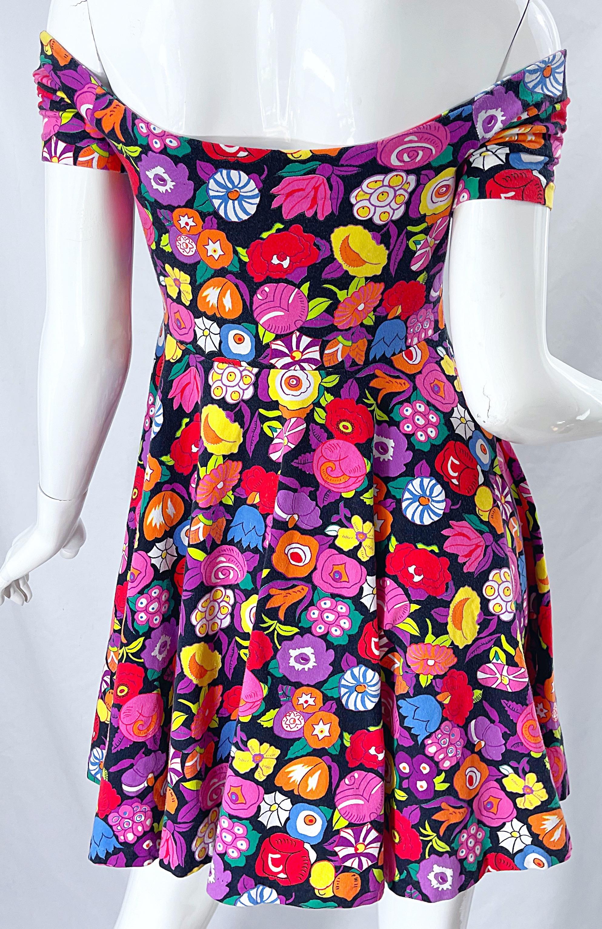 1980s Betsey Johnson Punk Label Off Shoulder Bright Flower 80s Mini Dress Rare For Sale 3
