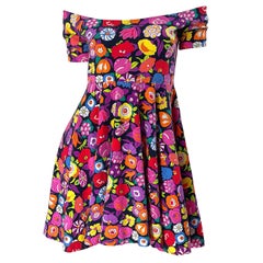 1980er Betsey Johnson Punk Label schulterfreies leuchtendes 80er Jahre Minikleid mit Blumenmuster Selten