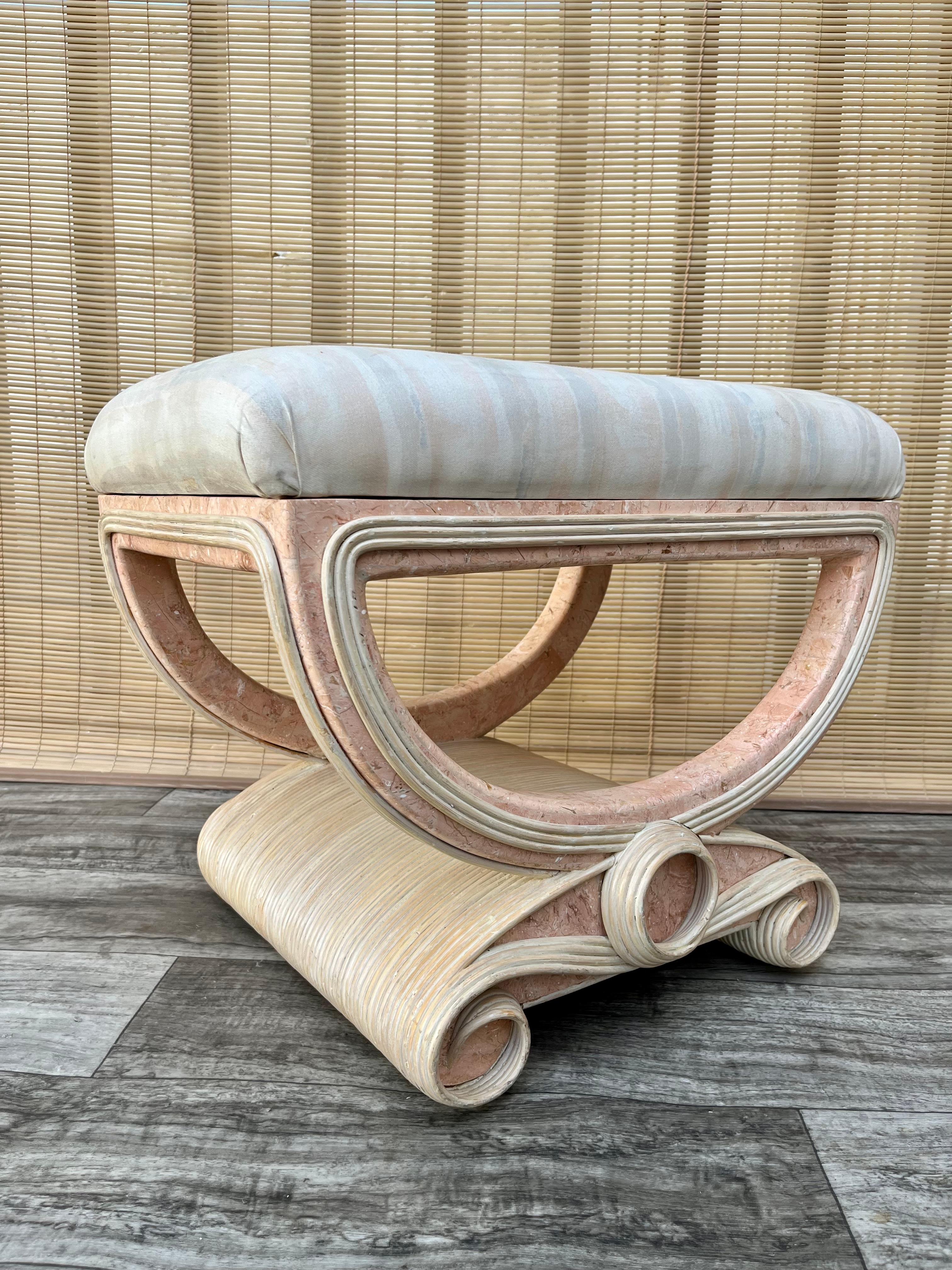 1980s Betty Cobonpue Style Pencil Reed and Tessellated Stone Bench For Sale 4