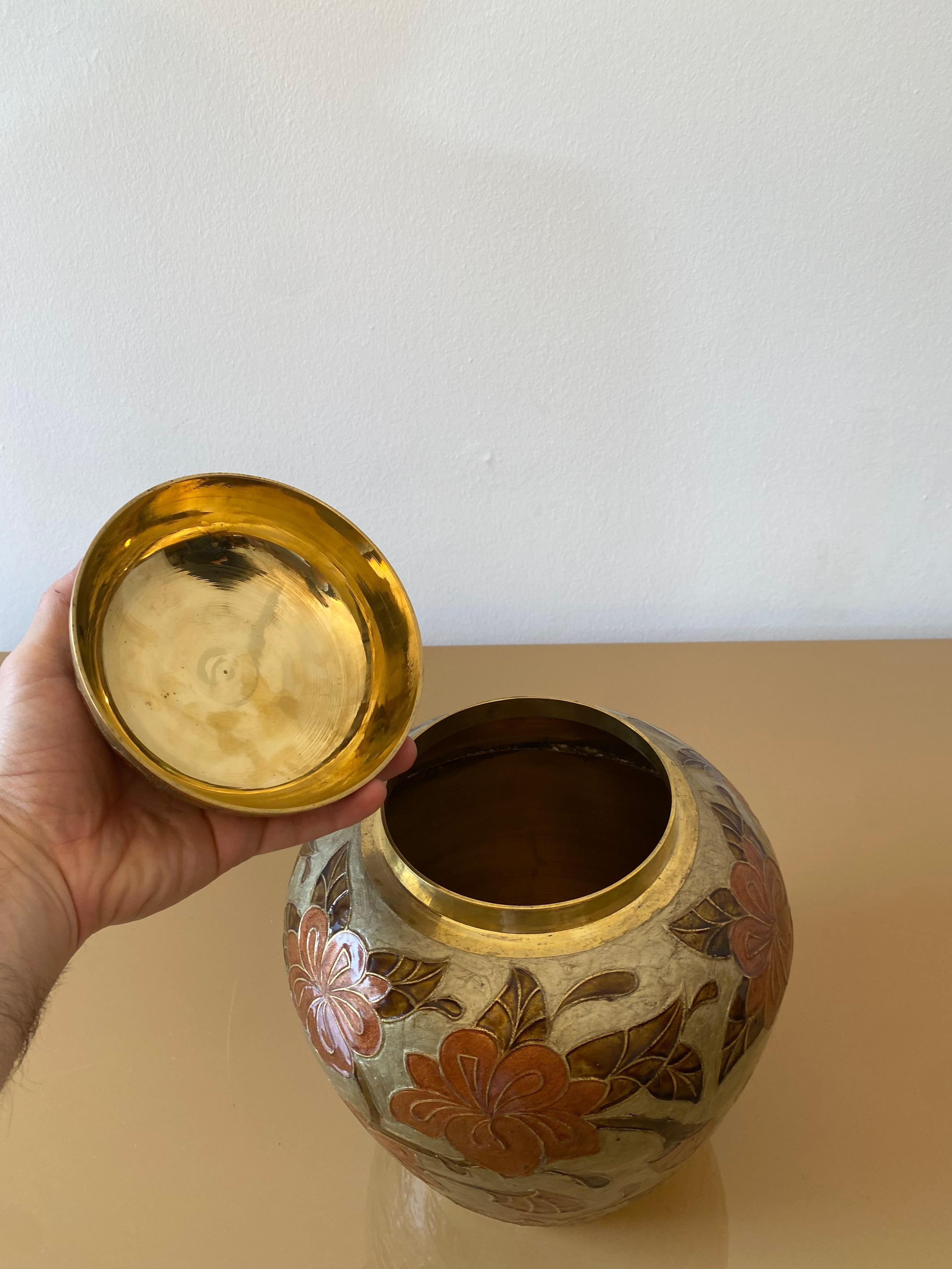 1980er Jahre Großes Messing Cloisonne emailliert Chinoiserie Ingwer Jar Tisch Vase Exotisch #1 im Angebot 4
