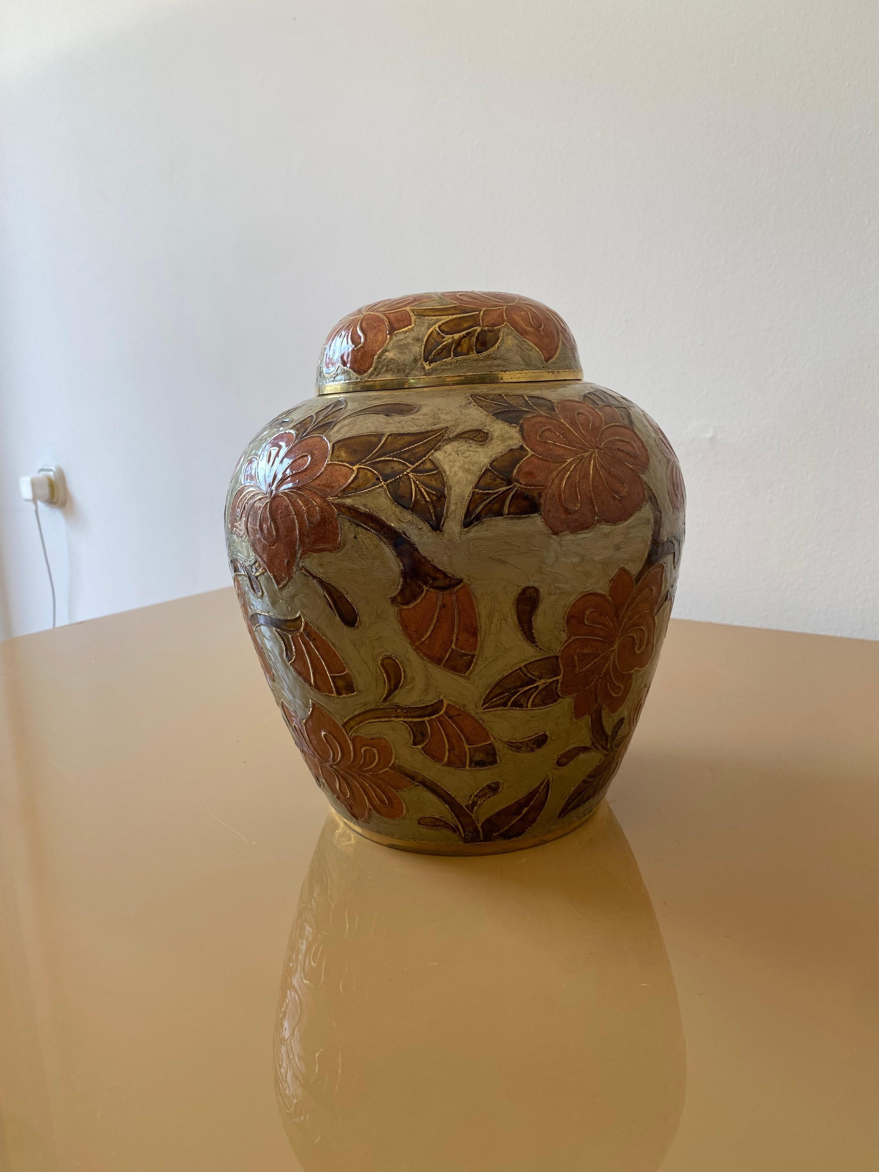1980er Jahre Großes Messing Cloisonne emailliert Chinoiserie Ingwer Jar Tisch Vase Exotisch #1 im Angebot 7