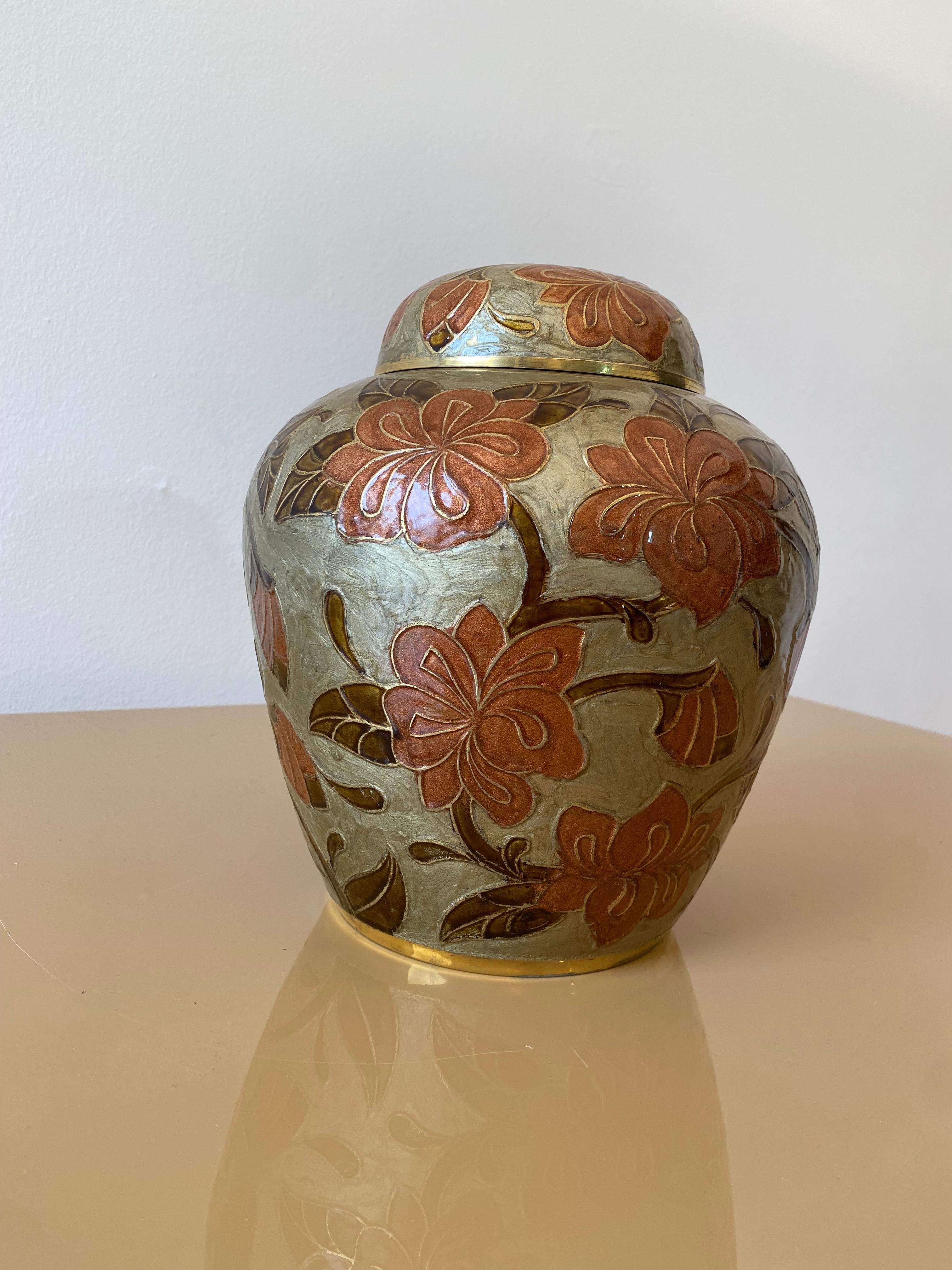 1980er Jahre Großes Messing Cloisonne emailliert Chinoiserie Ingwer Jar Tisch Vase Exotisch #1 im Angebot 8