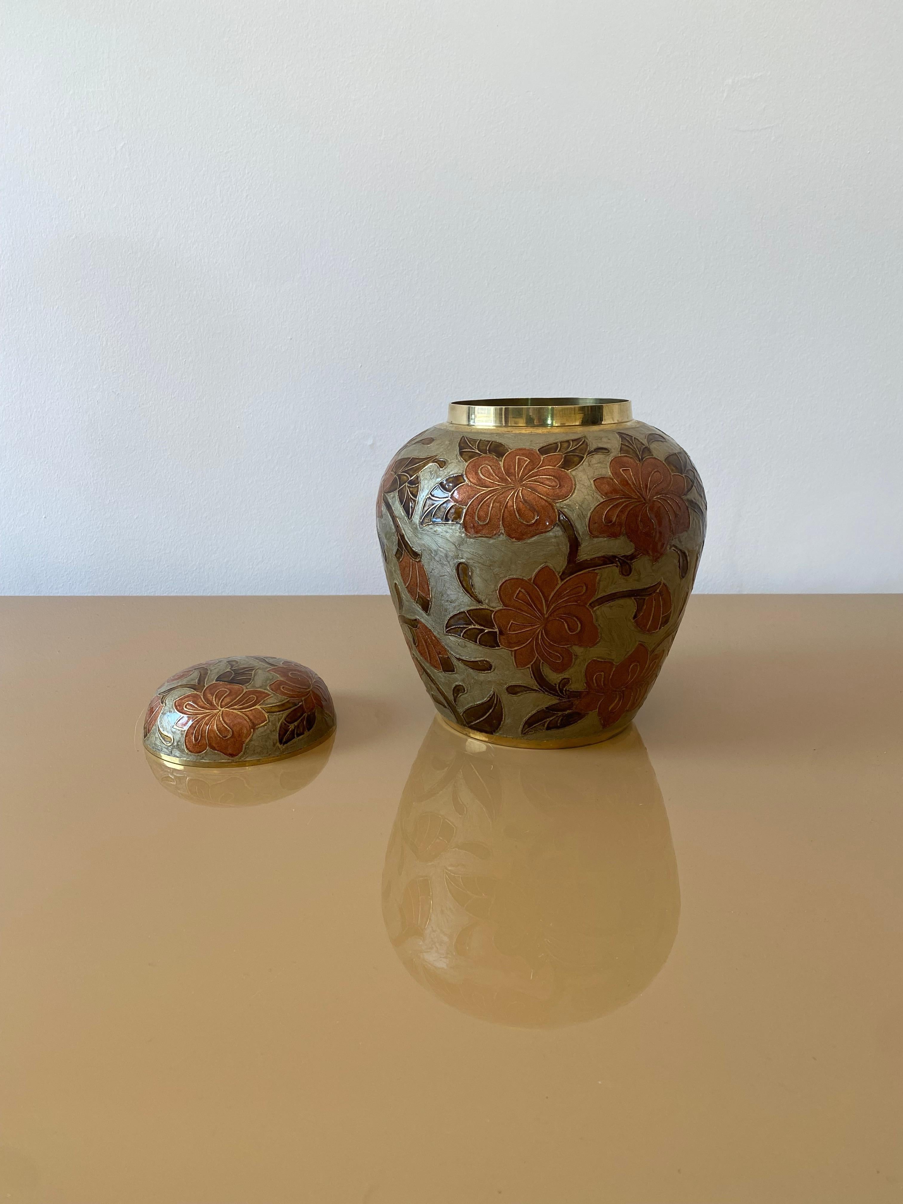 1980er Jahre Großes Messing Cloisonne emailliert Chinoiserie Ingwer Jar Tisch Vase Exotisch #1 im Angebot 9