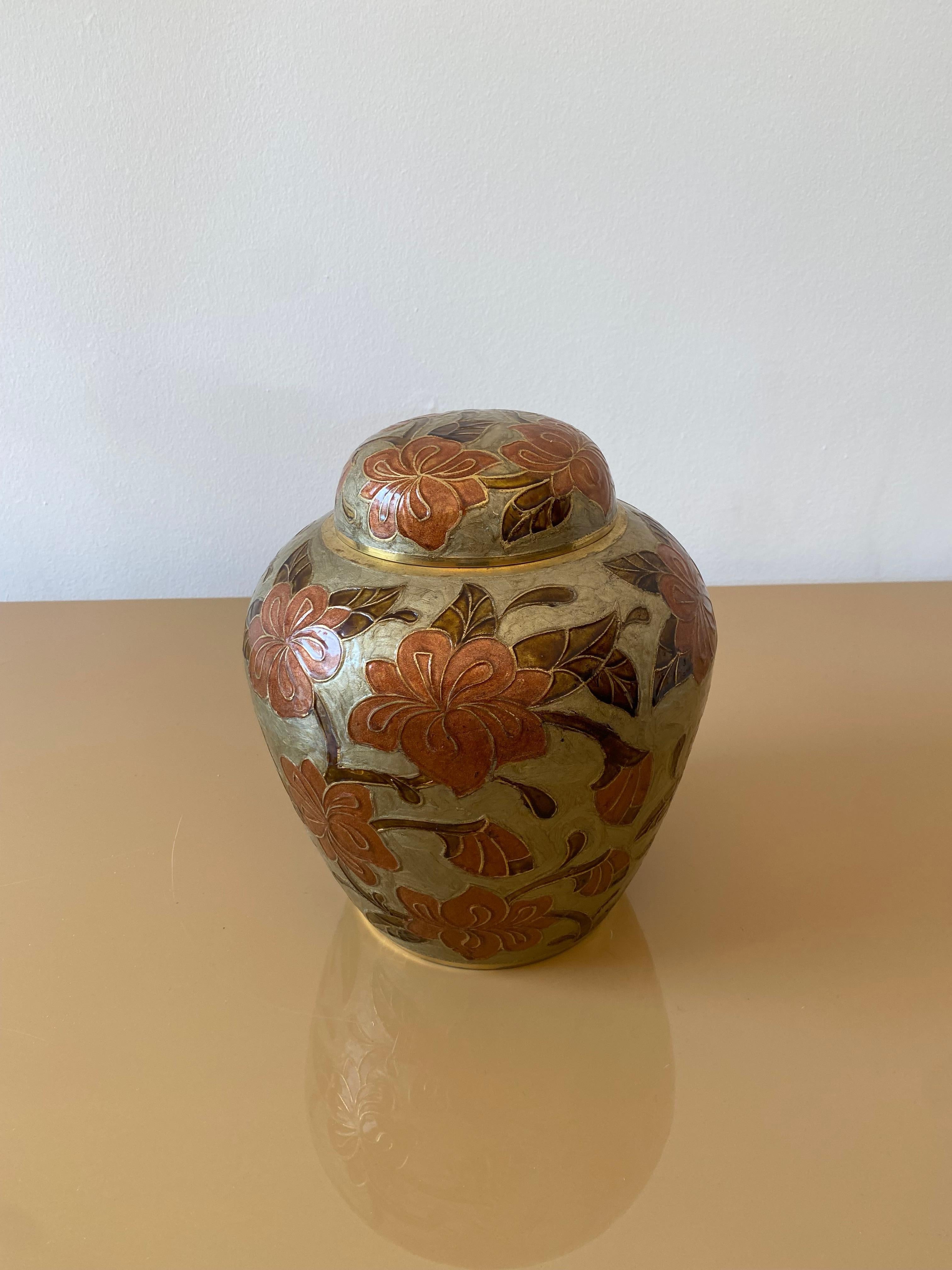 1980er Jahre Großes Messing Cloisonne emailliert Chinoiserie Ingwer Jar Tisch Vase Exotisch #1 (Chinesisch) im Angebot