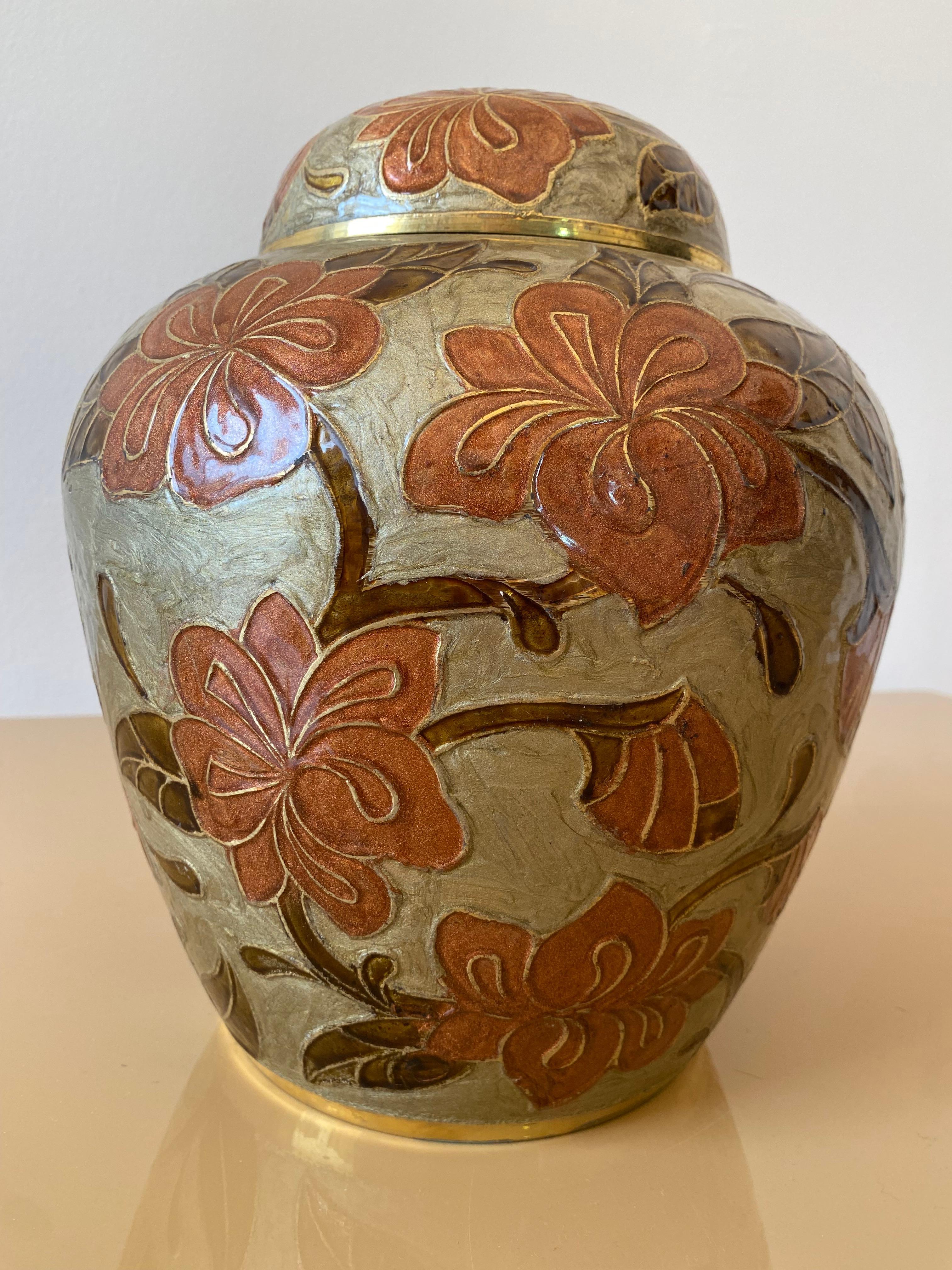 1980er Jahre Großes Messing Cloisonne emailliert Chinoiserie Ingwer Jar Tisch Vase Exotisch #1 (Handgefertigt) im Angebot