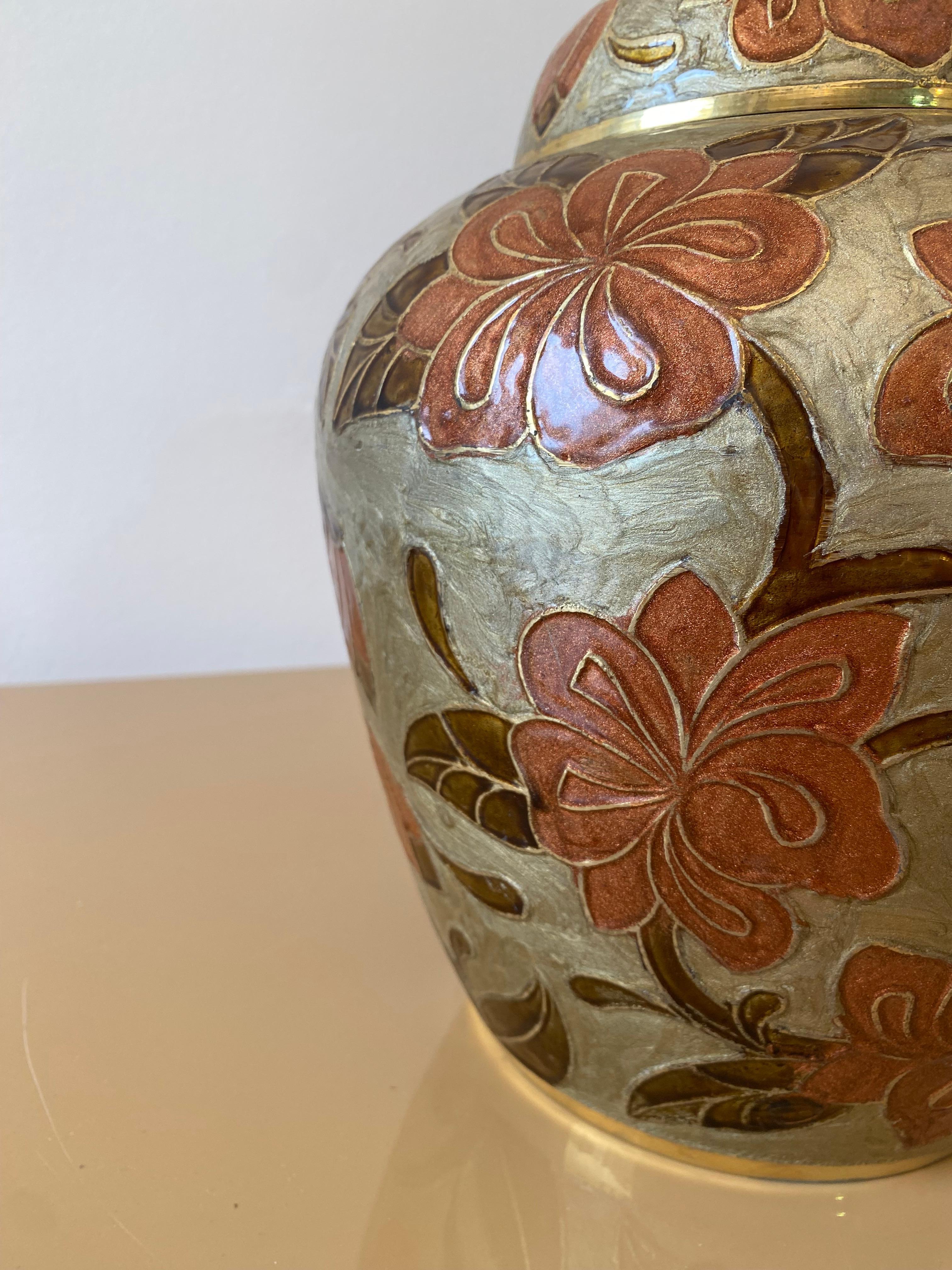 1980er Jahre Großes Messing Cloisonne emailliert Chinoiserie Ingwer Jar Tisch Vase Exotisch #1 im Zustand „Gut“ im Angebot in London, GB
