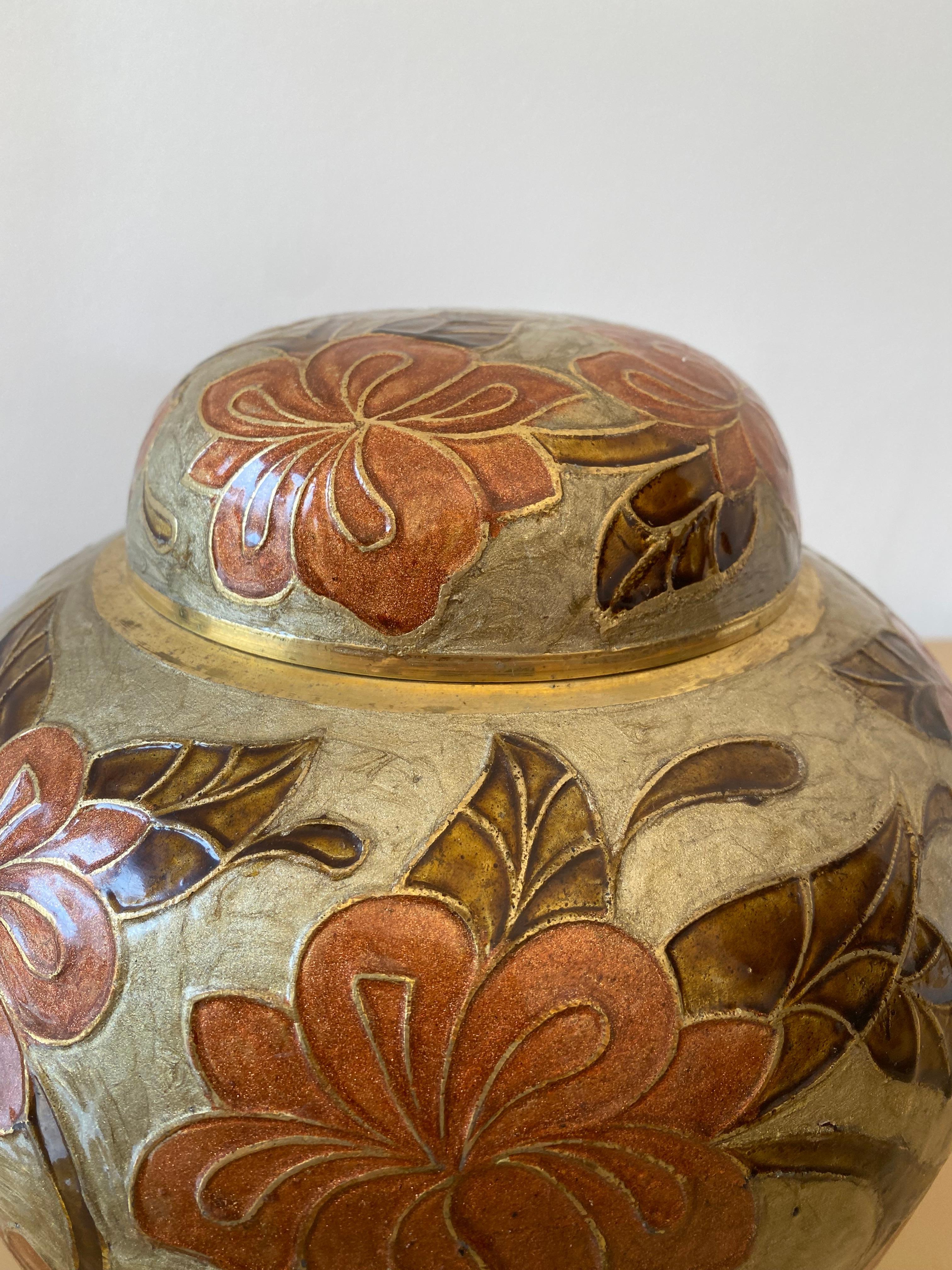 1980er Jahre Großes Messing Cloisonne emailliert Chinoiserie Ingwer Jar Tisch Vase Exotisch #1 im Angebot 1