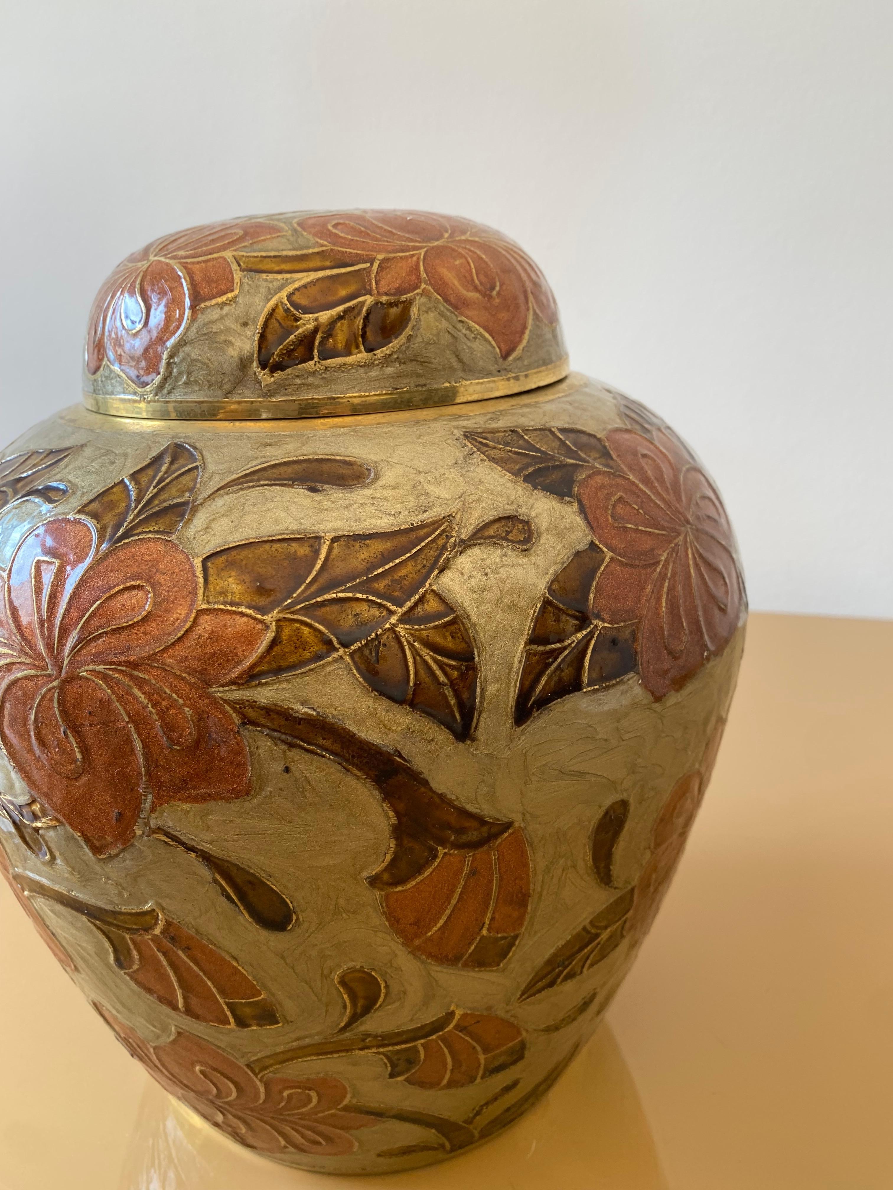1980er Jahre Großes Messing Cloisonne emailliert Chinoiserie Ingwer Jar Tisch Vase Exotisch #1 im Angebot 2
