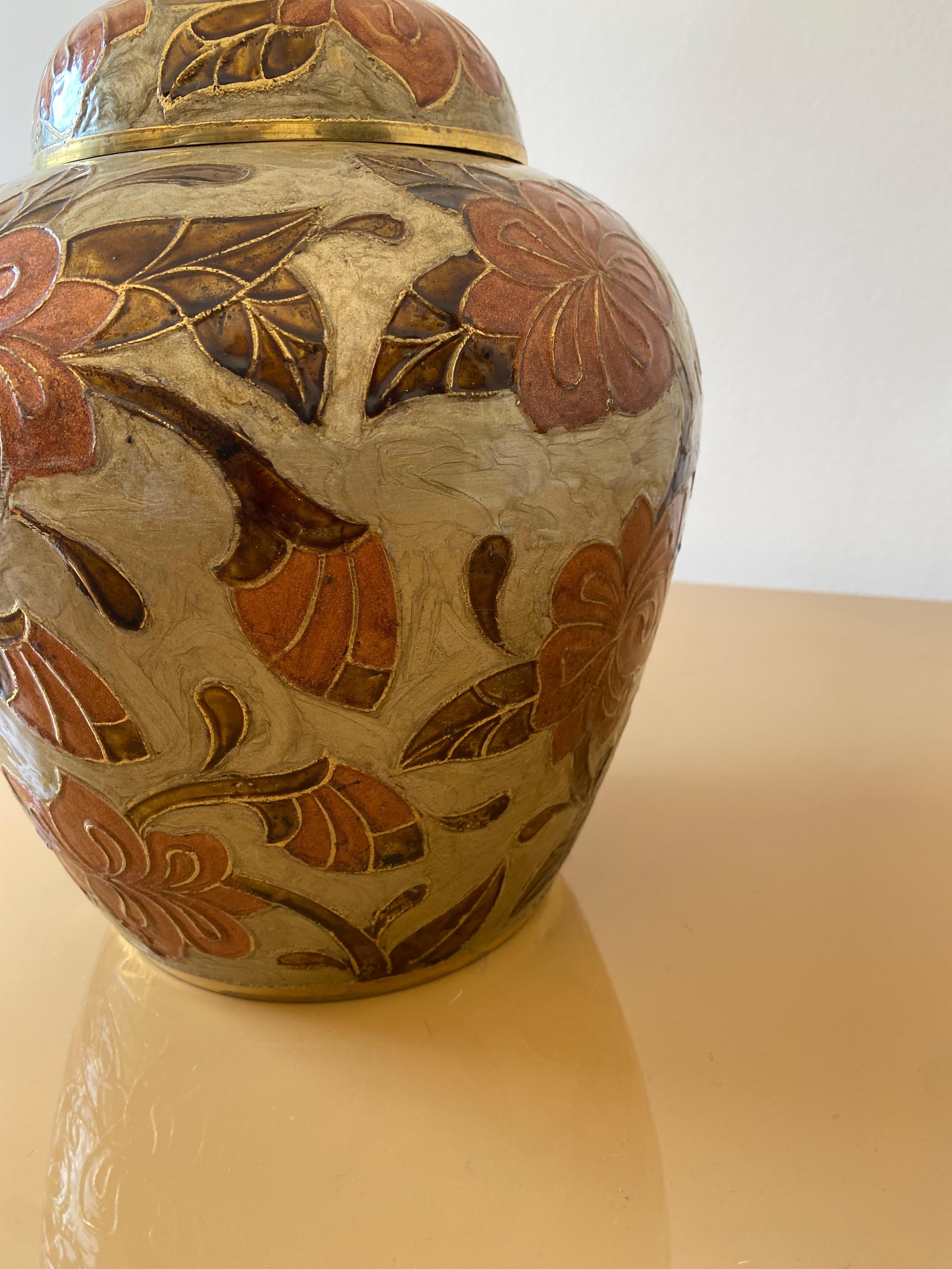 1980er Jahre Großes Messing Cloisonne emailliert Chinoiserie Ingwer Jar Tisch Vase Exotisch #1 im Angebot 3