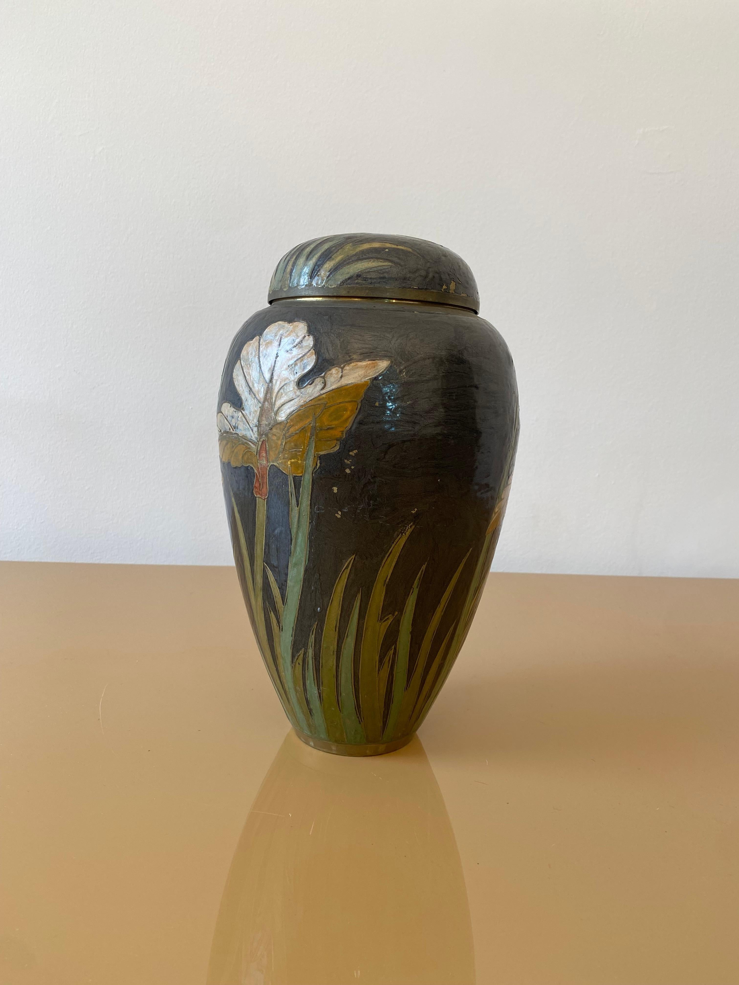 Fait main Grand vase de table exotique 2 des années 1980 en laiton cloisonné émaillé Chinoiserie Ginger Jar en vente