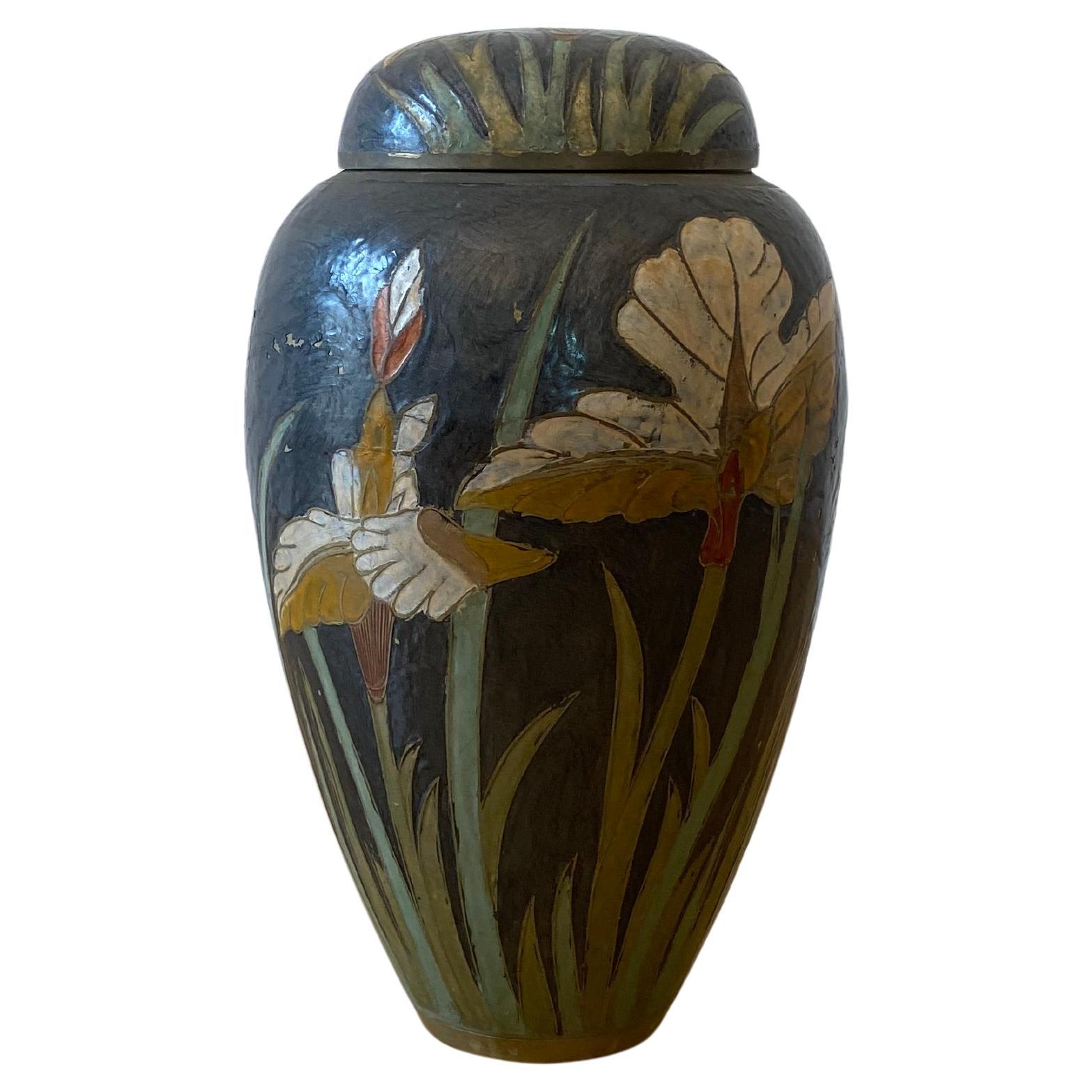 Grande vaso da tavolo in ottone Cloisonne smaltato Chinoiserie degli anni '80 Esotico #2