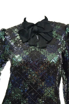 1980s Bill Blass Black, Green and Navy Tartan Sequined Evening Dress