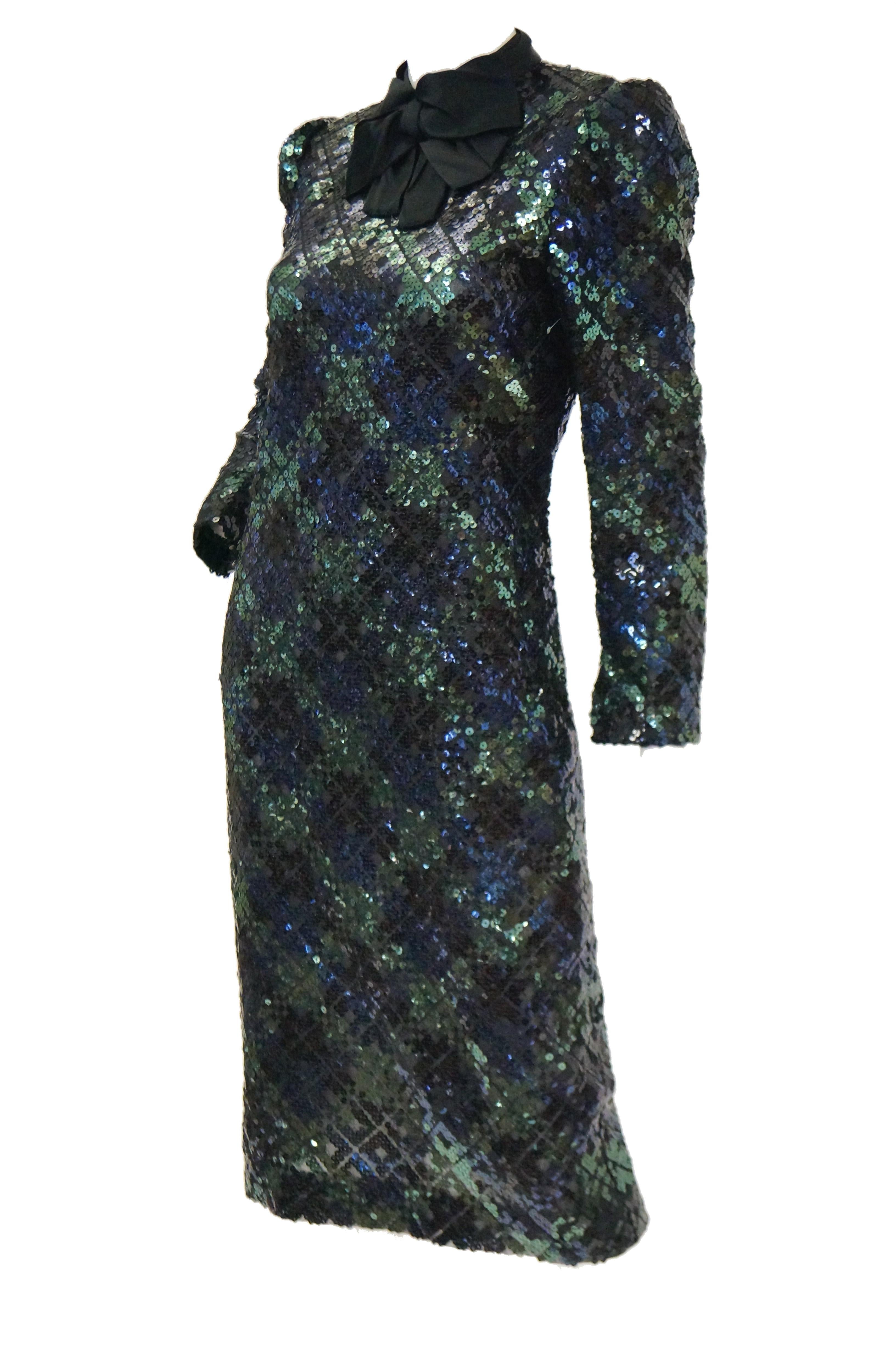 1980s Bill Blass Black, Green and Navy Tartan Sequined Evening Dress In Excellent Condition For Sale In Houston, TX