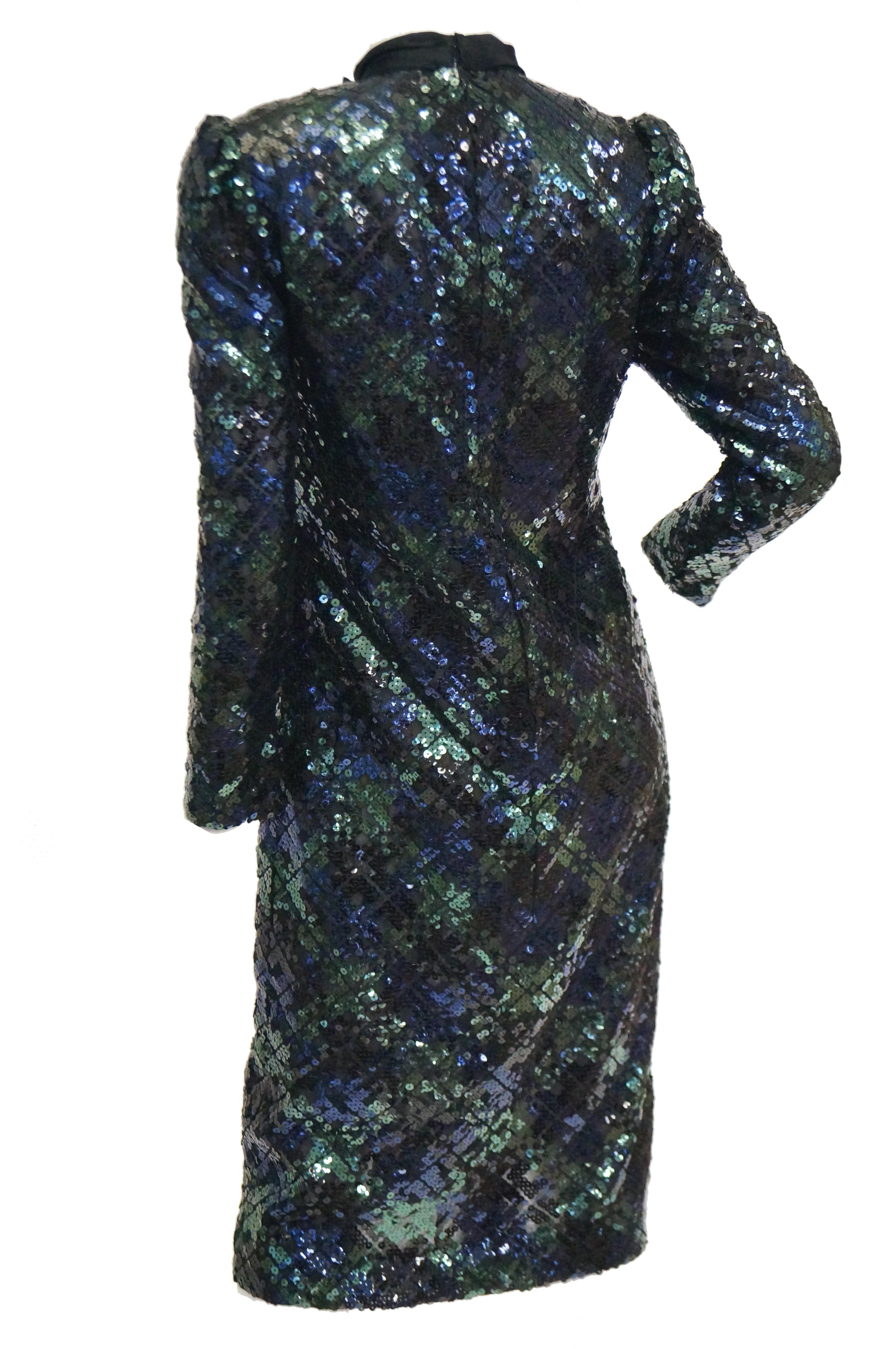 Women's 1980s Bill Blass Black, Green and Navy Tartan Sequined Evening Dress For Sale