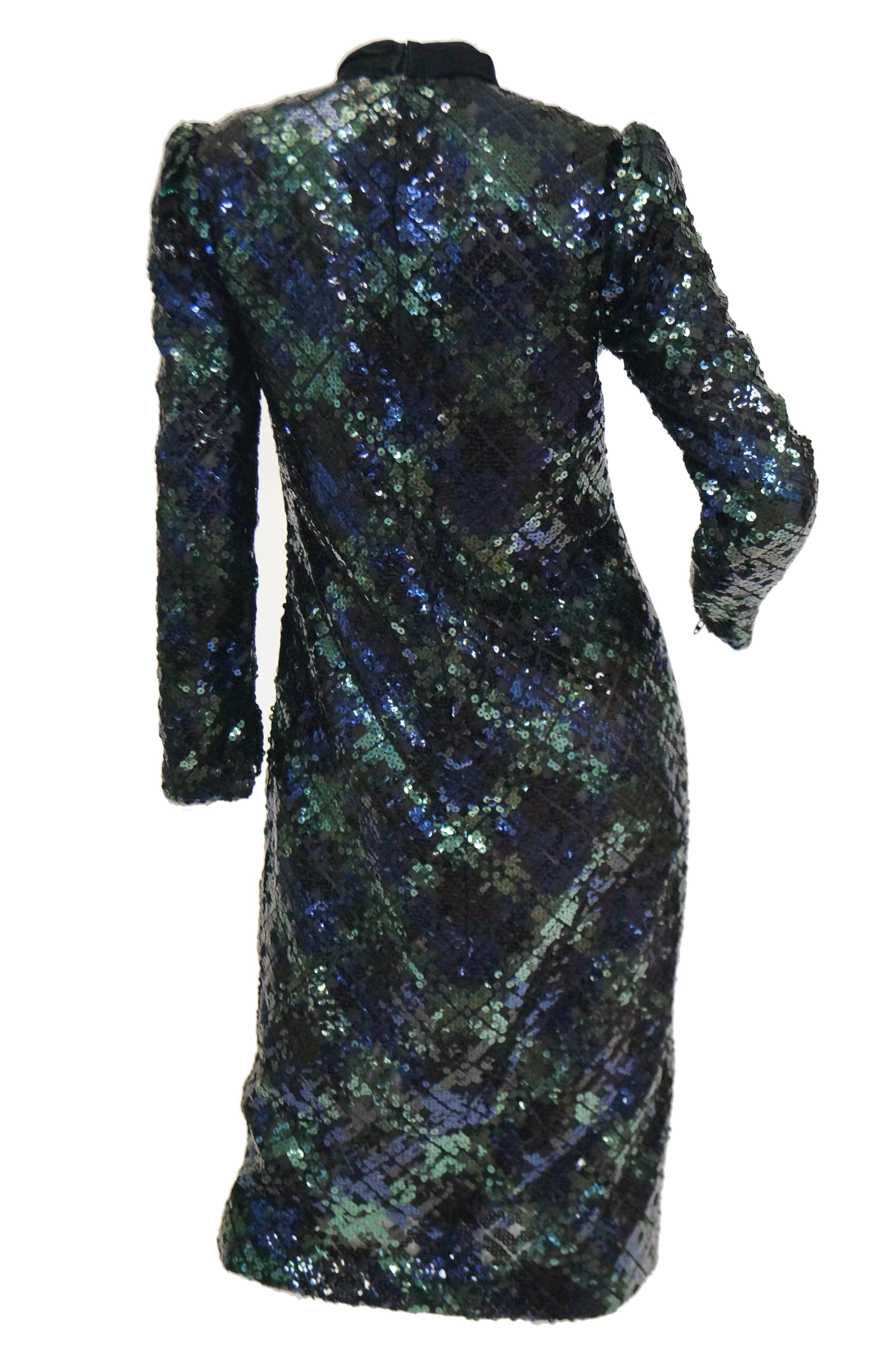 1980s Bill Blass Black, Green and Navy Tartan Sequined Evening Dress For Sale 1