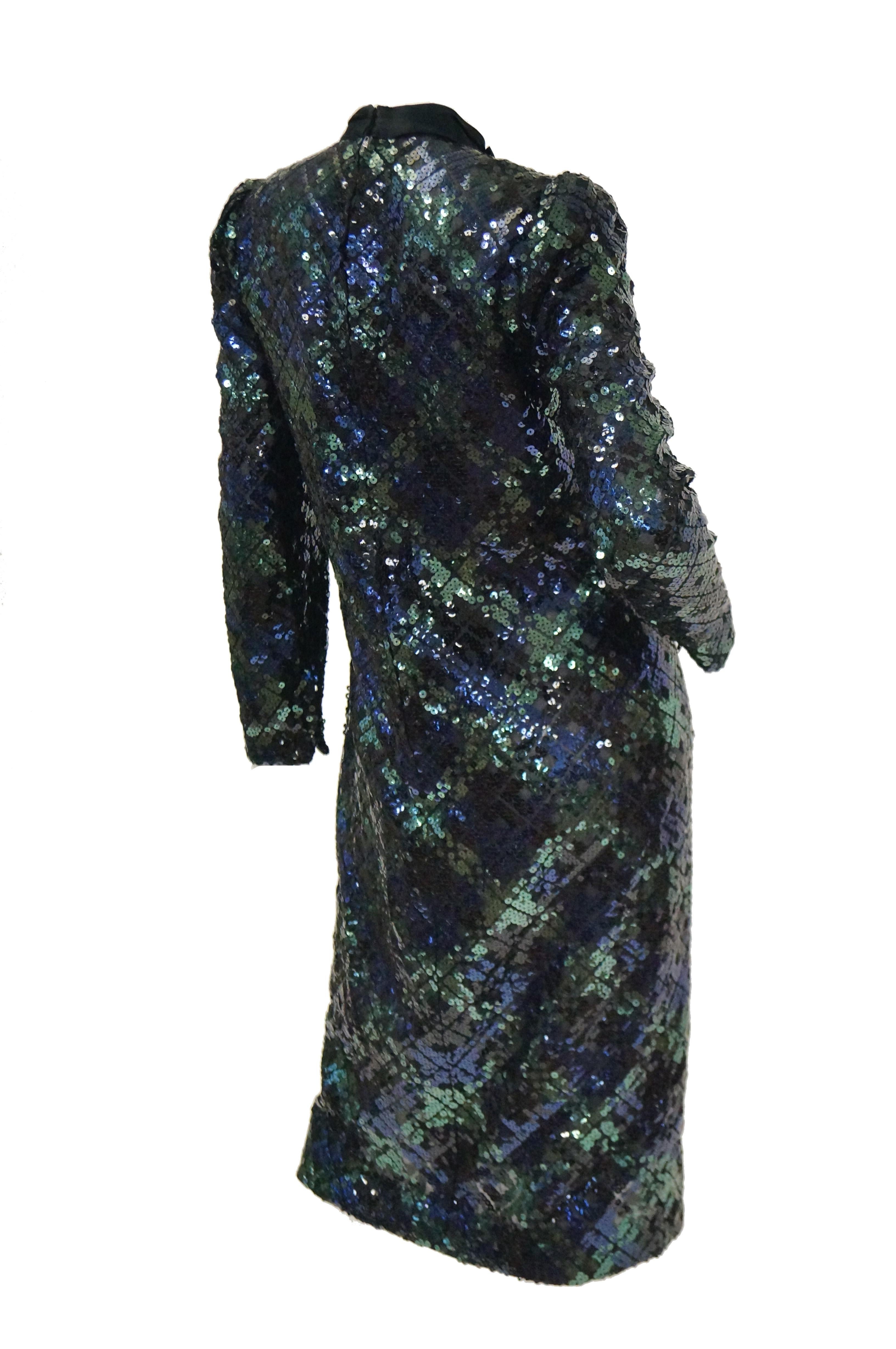 1980s Bill Blass Black, Green and Navy Tartan Sequined Evening Dress For Sale 2