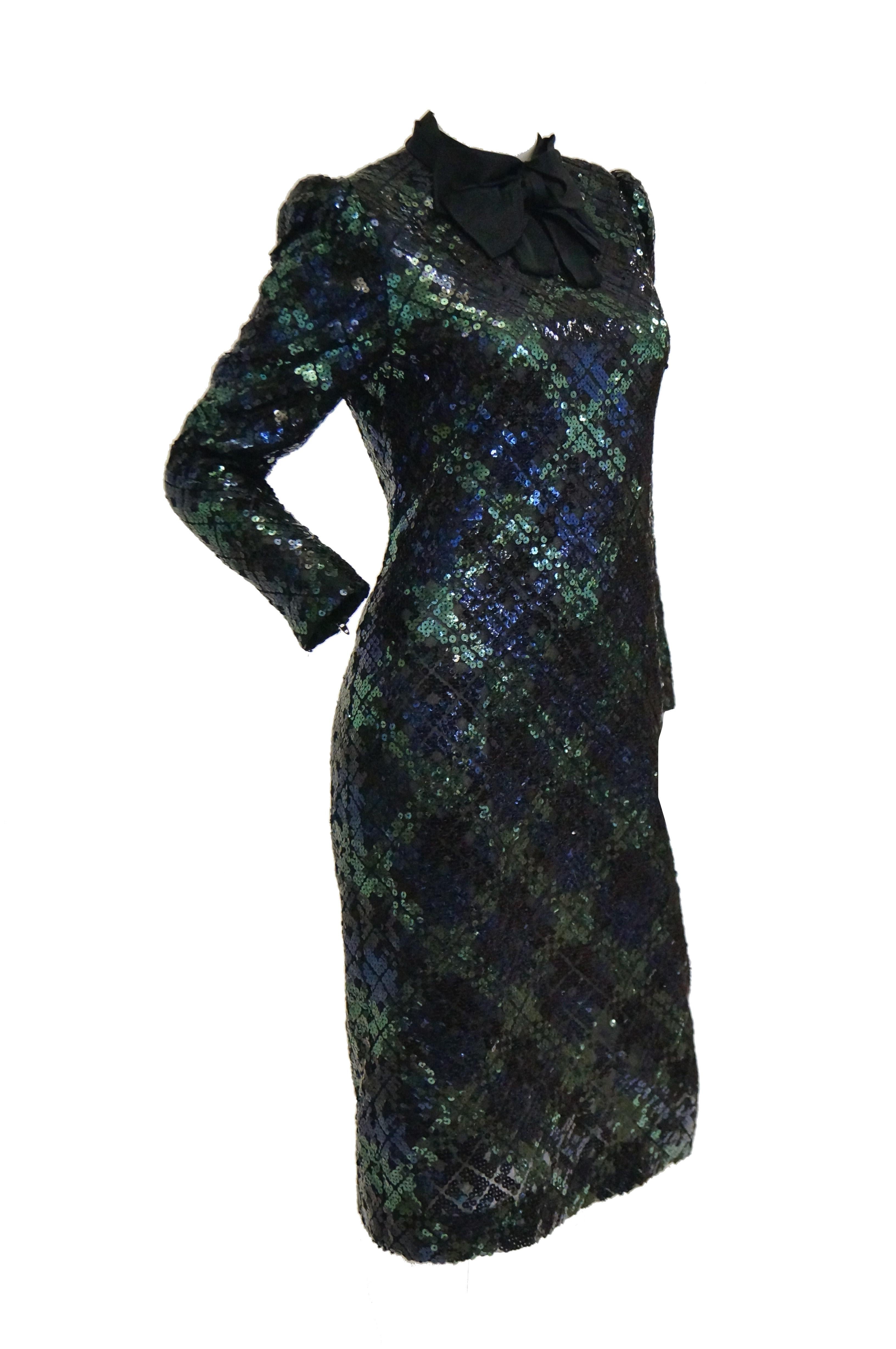 1980s Bill Blass Black, Green and Navy Tartan Sequined Evening Dress For Sale 3