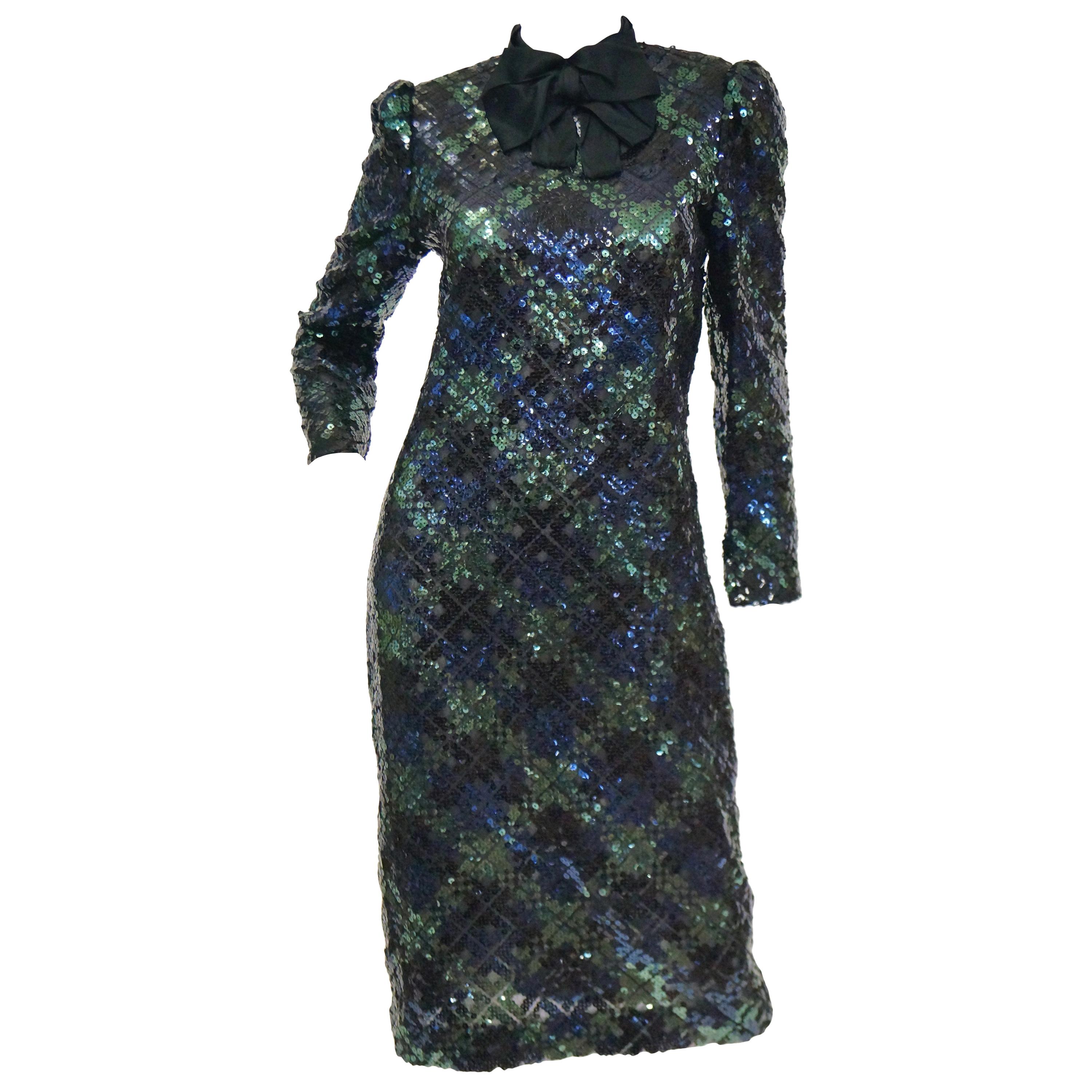 1980s Bill Blass Black, Green and Navy Tartan Sequined Evening Dress For Sale
