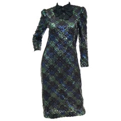 1980s Bill Blass Black, Green and Navy Tartan Sequined Evening Dress