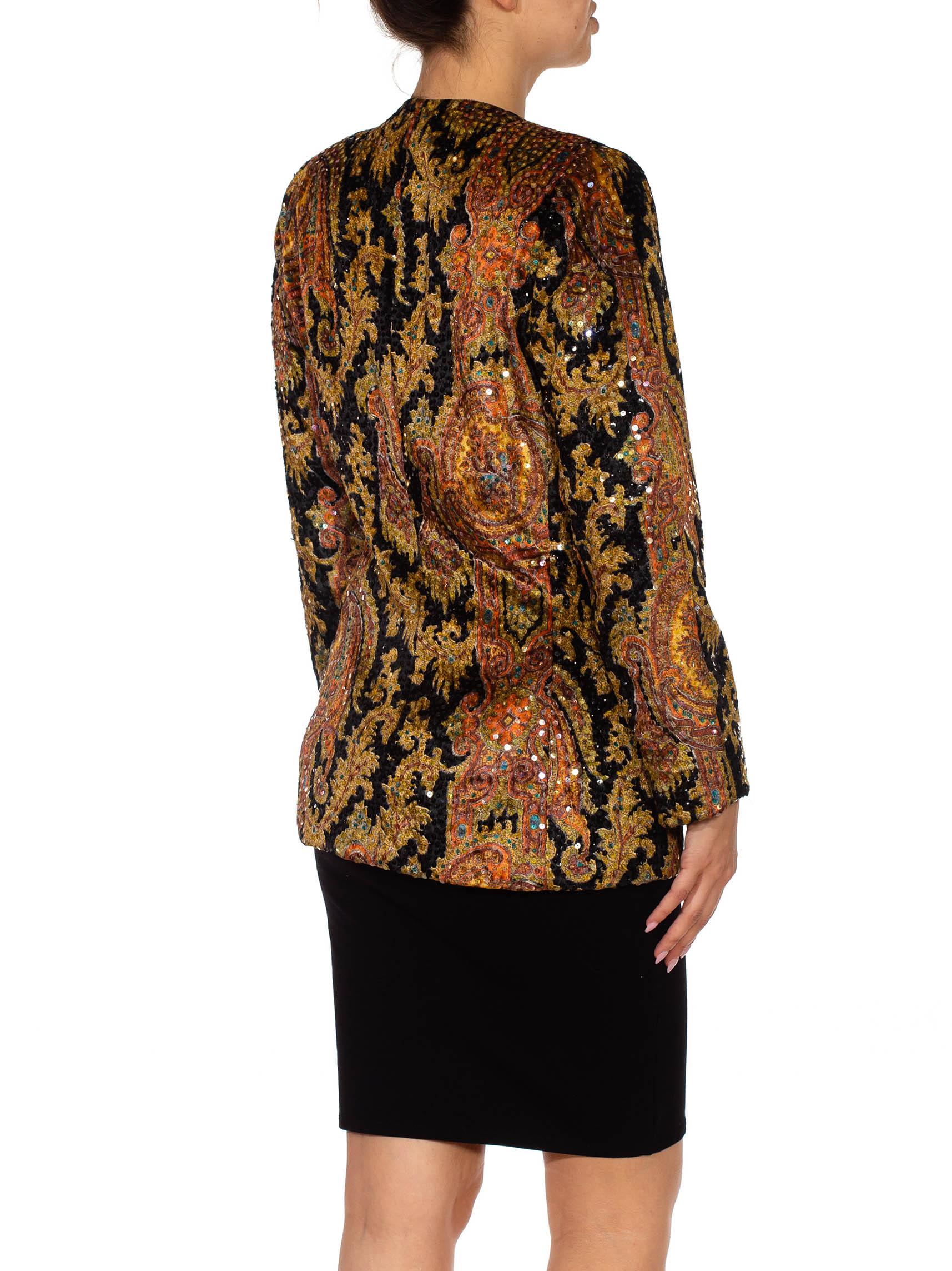1980S BILL BLASS Black Paisley Silk Velvet Couture Hand Beaded Sequin Jacket In Excellent Condition For Sale In New York, NY