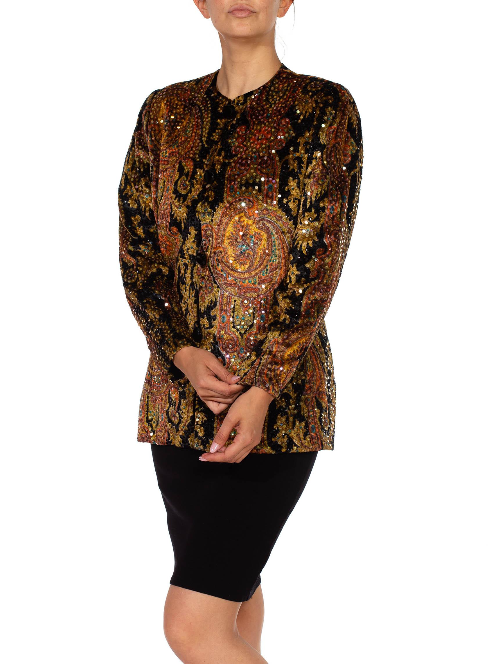Women's 1980S BILL BLASS Black Paisley Silk Velvet Couture Hand Beaded Sequin Jacket For Sale