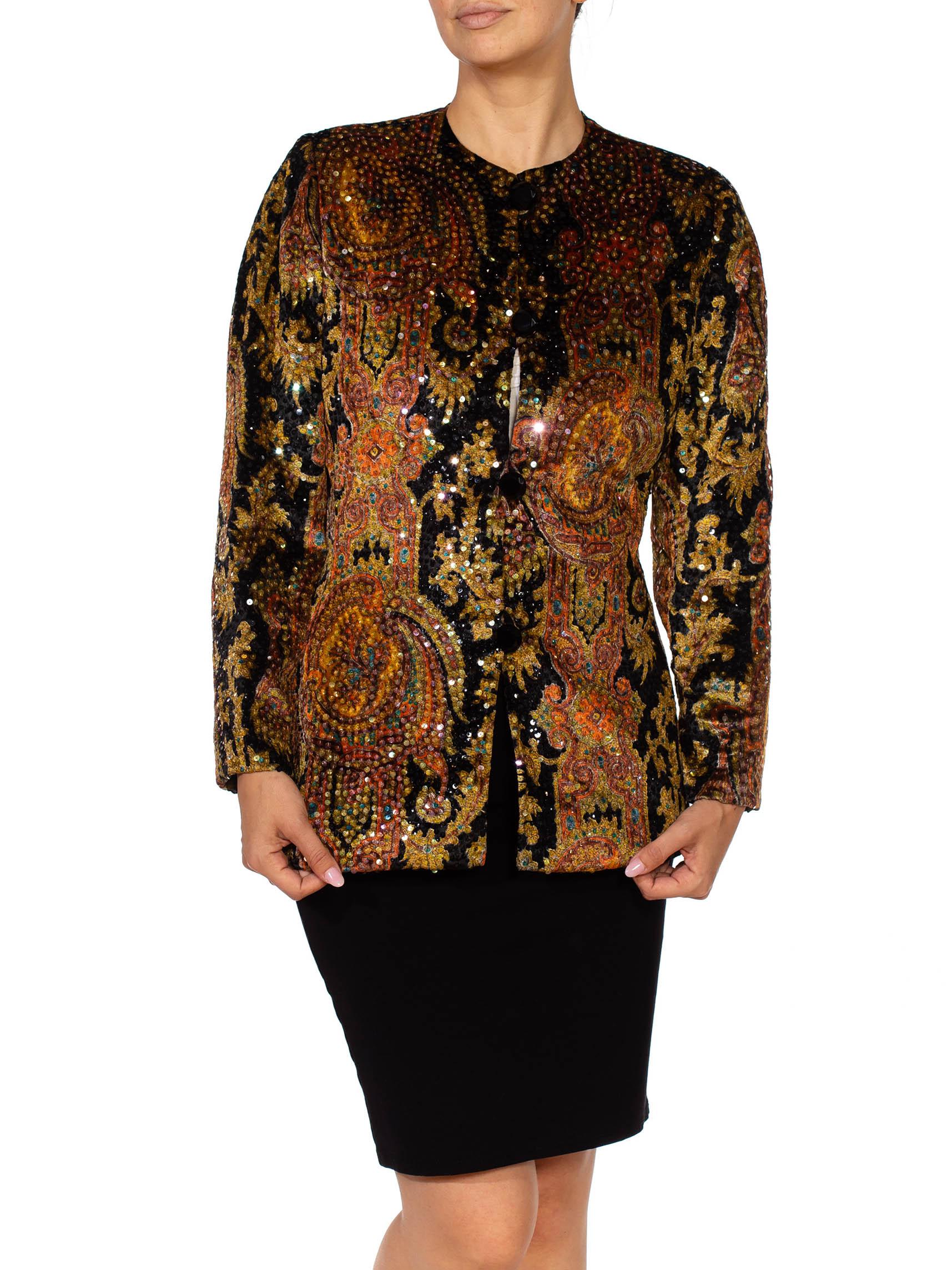 1980S BILL BLASS Black Paisley Silk Velvet Couture Hand Beaded Sequin Jacket For Sale 1