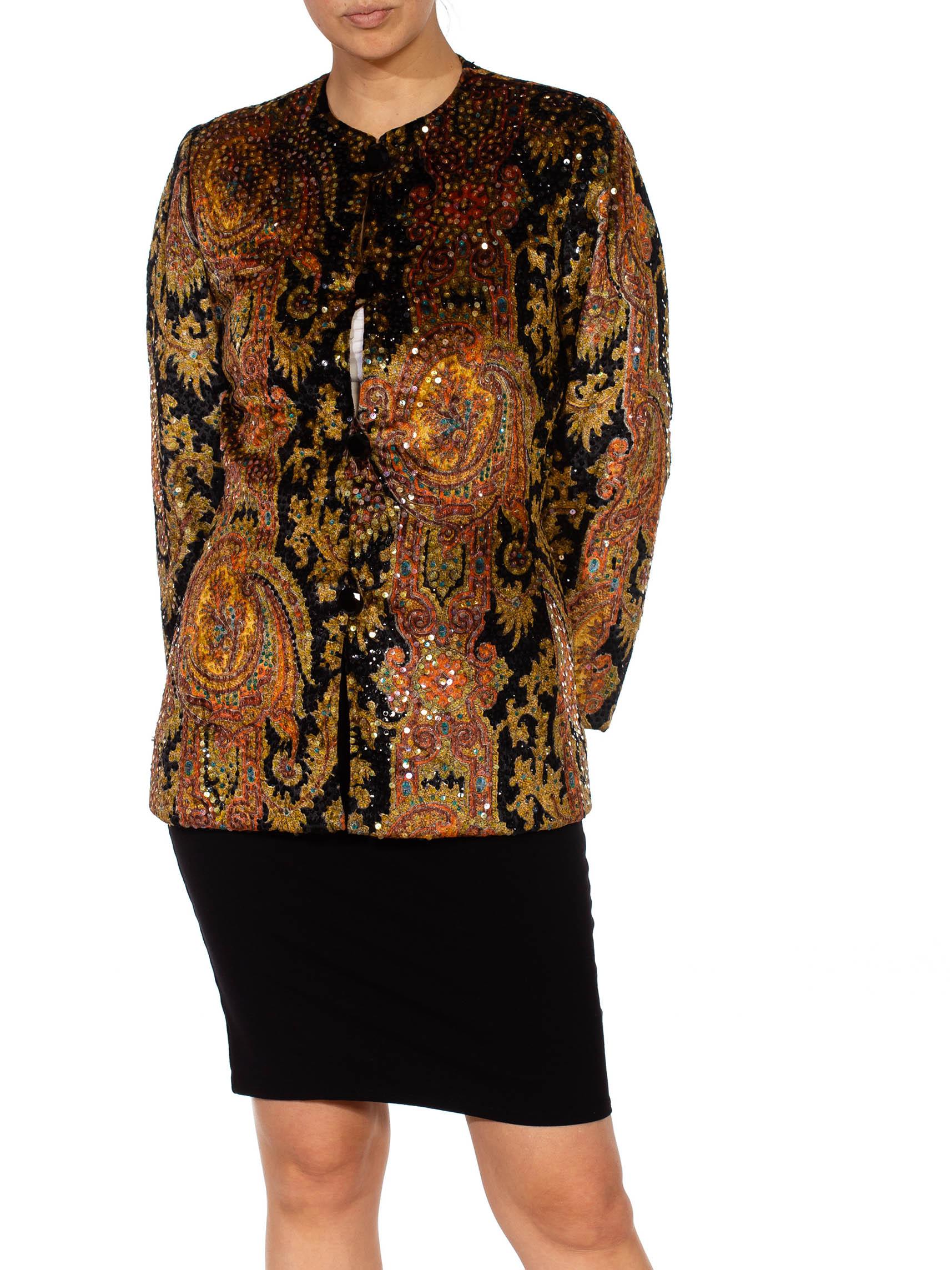 1980S BILL BLASS Black Paisley Silk Velvet Couture Hand Beaded Sequin Jacket For Sale 2