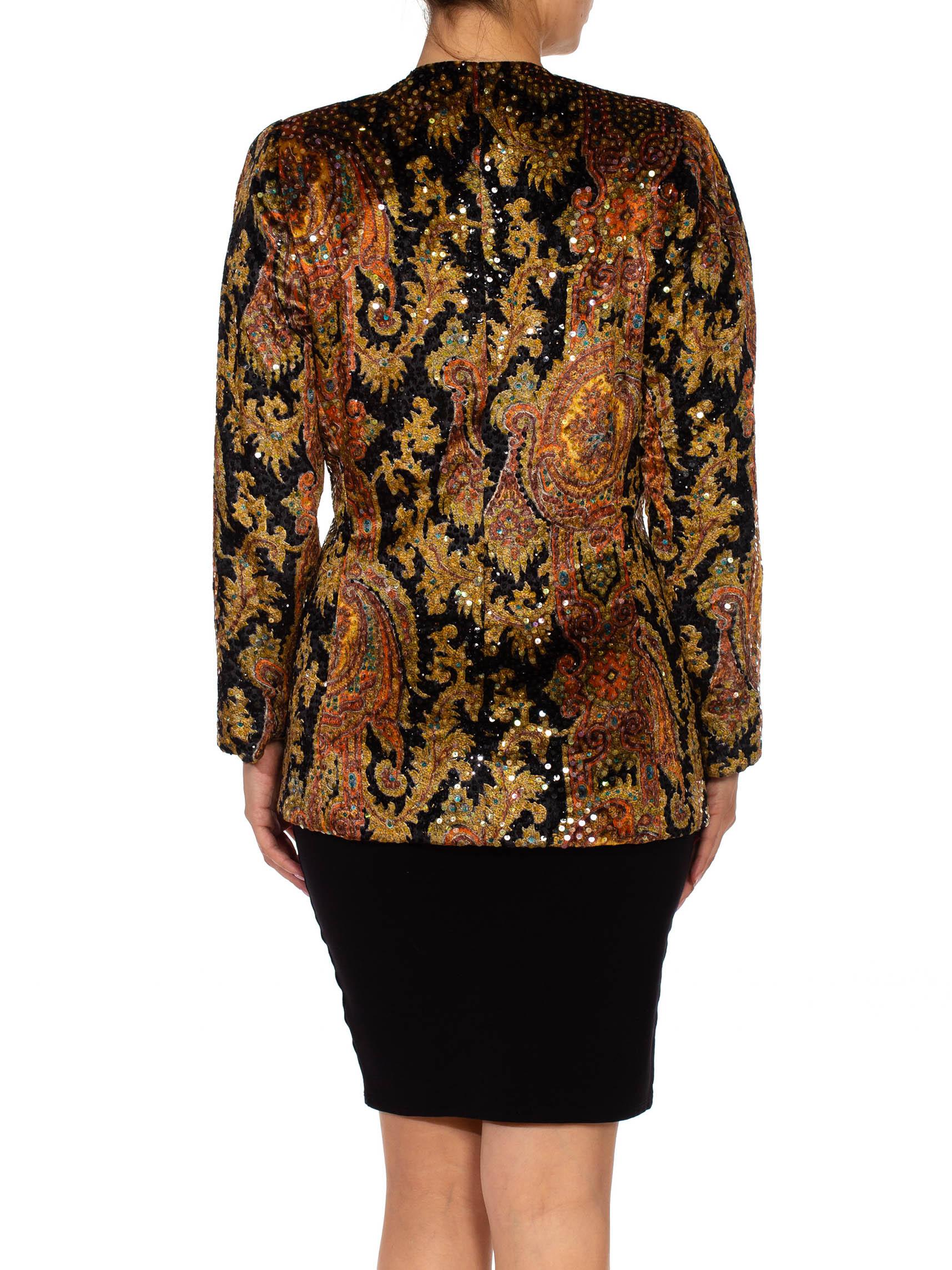 1980S BILL BLASS Black Paisley Silk Velvet Couture Hand Beaded Sequin Jacket For Sale 3