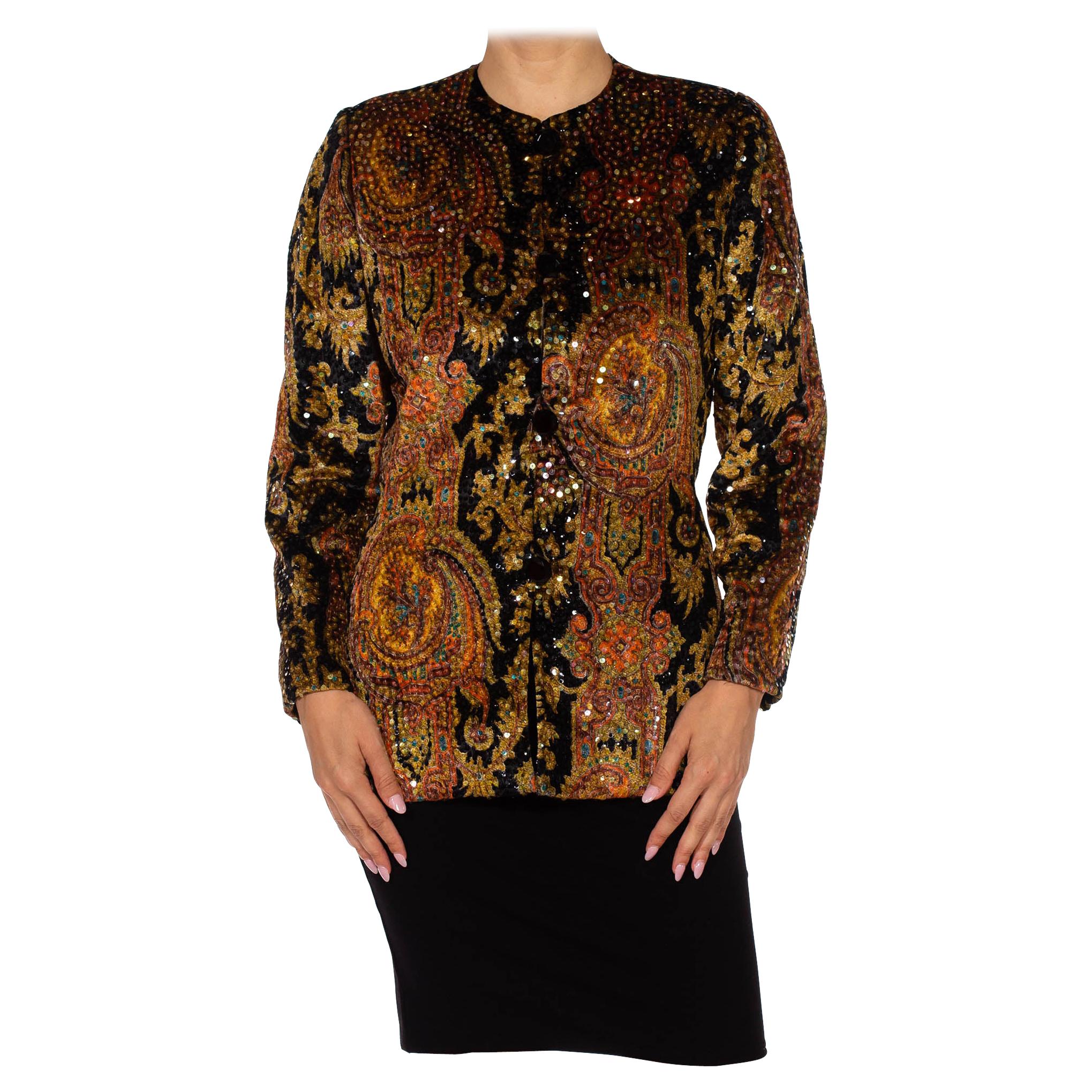 1980S BILL BLASS Black Paisley Silk Velvet Couture Hand Beaded Sequin Jacket For Sale
