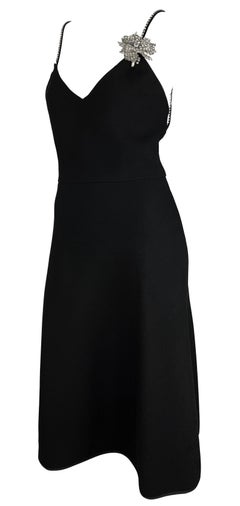 1980s Bill Blass Black Wool Rhinestone Flower Flare Midi Dress