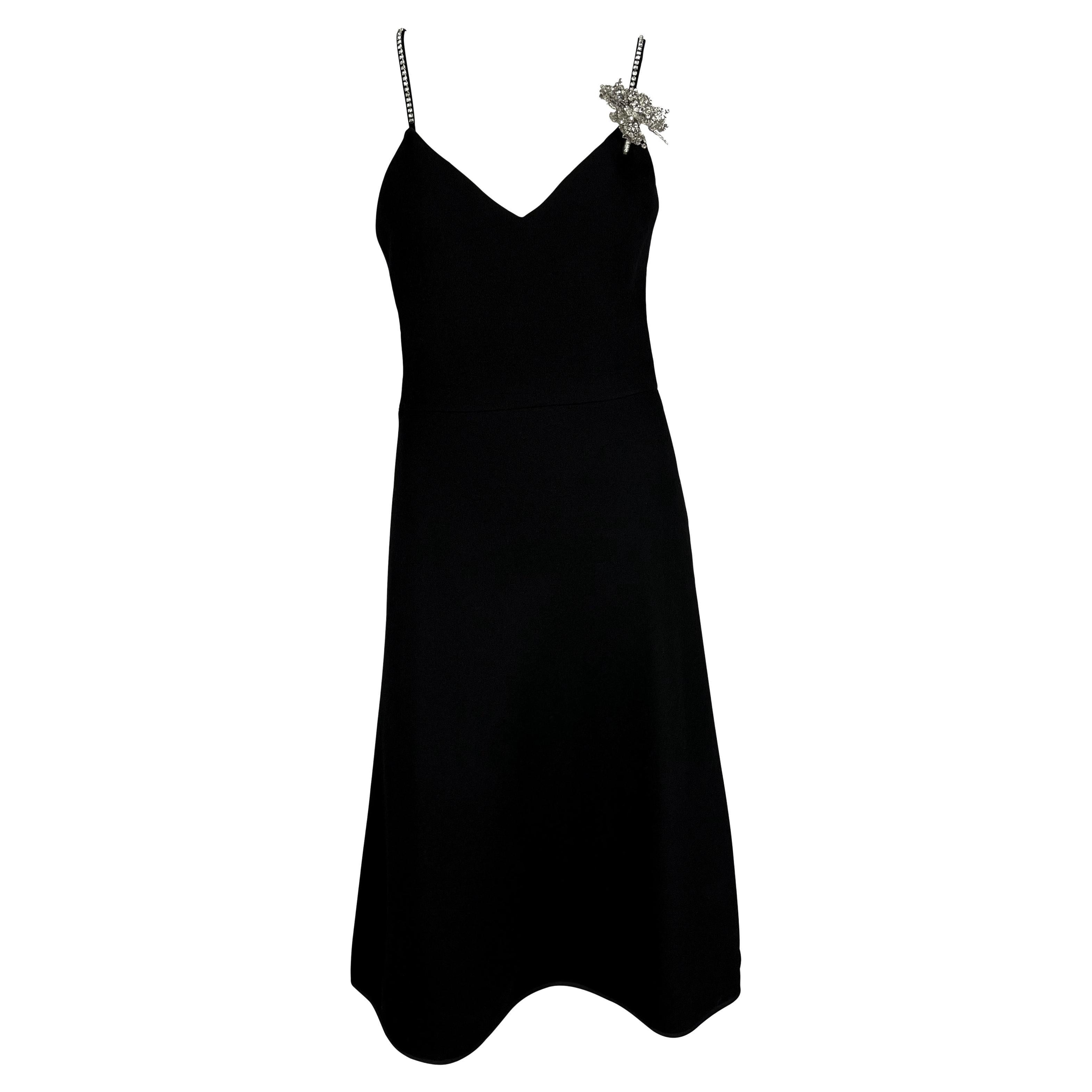 Bill Blass - Robe midi évasée en laine noire à fleurs et strass des années 1980