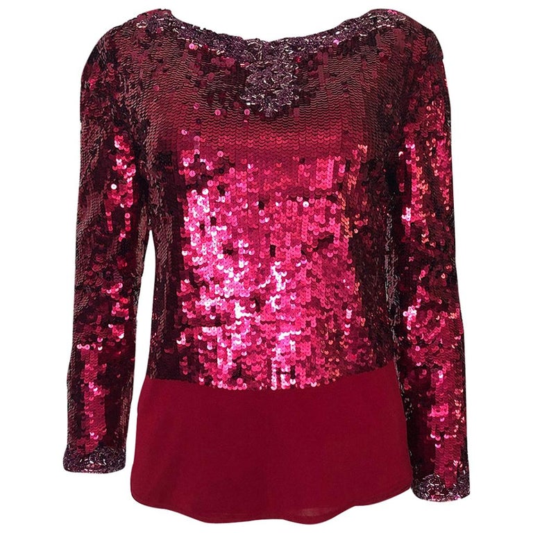 1980s Bill Blass Couture Red Sequin and Bead Deep Low V Back Top For ...