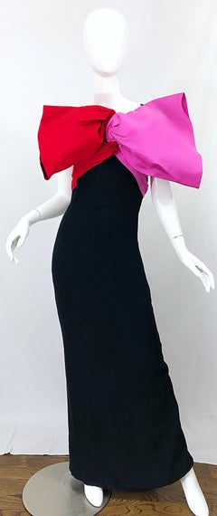 1980s Bill Blass Couture Size 6 Avant Garde Pink Red Black Vintage 80s Bow Gown