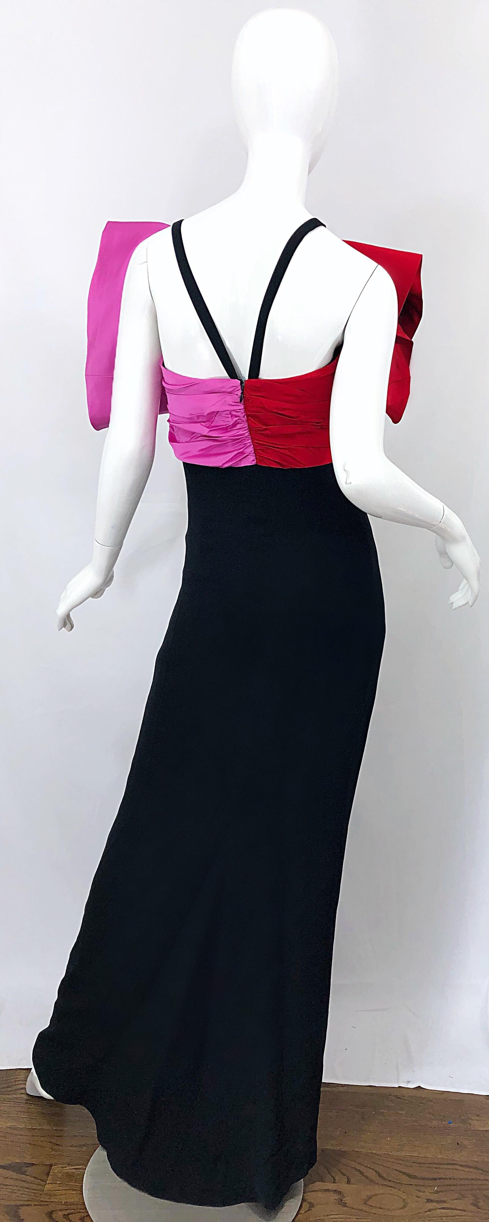 1980s Bill Blass Couture Size 6 Avant Garde Pink Red Black Vintage 80s Bow Gown  In Excellent Condition In San Diego, CA