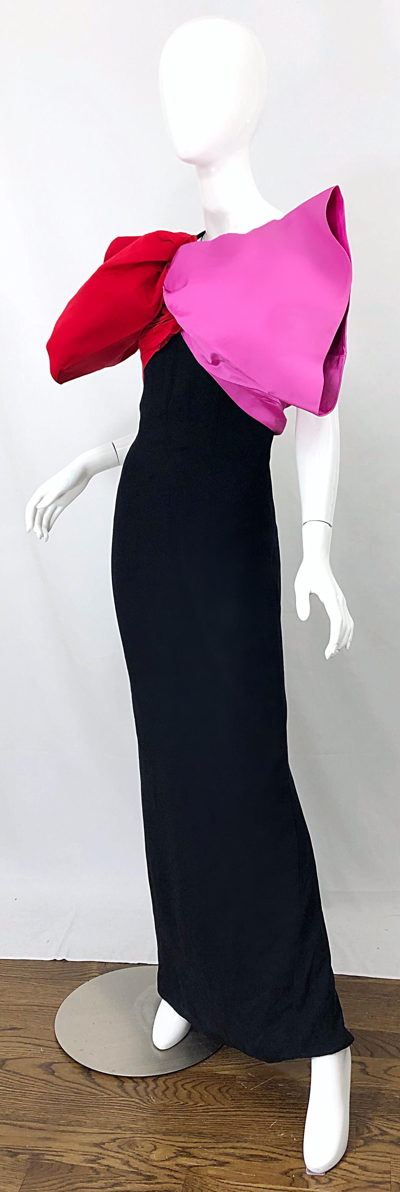 Women's 1980s Bill Blass Couture Size 6 Avant Garde Pink Red Black Vintage 80s Bow Gown 