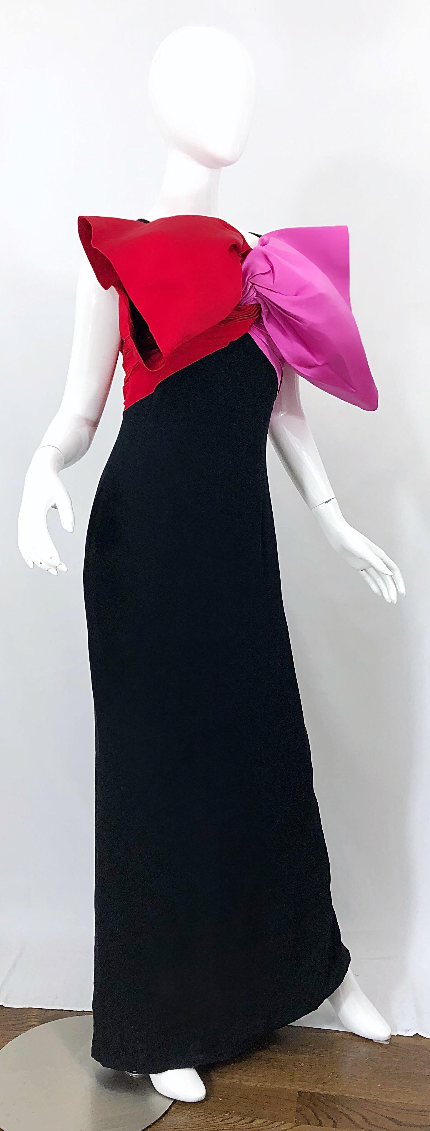 1980s Bill Blass Couture Size 6 Avant Garde Pink Red Black Vintage 80s Bow Gown  4